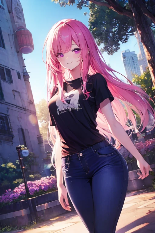 A pink haired female reaper with violet eyes and an hourglass figure in a cool t-shirt and jeans is smiling in the early morning light in a park