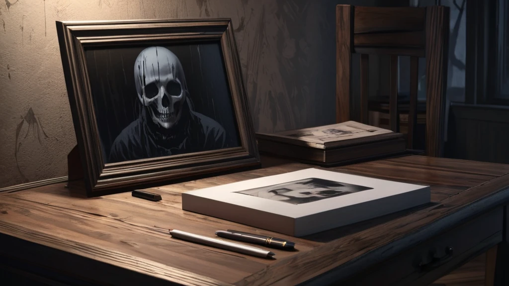 a wooden family photo frame on a wooden table,faces crossed out with black marker,horror,anime style,(best quality,4k,8k,highres,masterpiece:1.2),ultra-detailed,(realistic,photorealistic,photo-realistic:1.37),dark moody lighting,dramatic shadows,eerie atmosphere,unsettling,creepy,ominous,haunting,disturbing,macabre,surreal,twisted,uncanny,sinister,chilling,grim,gory,blood splatter,unsettling,dark fantasy,dark art