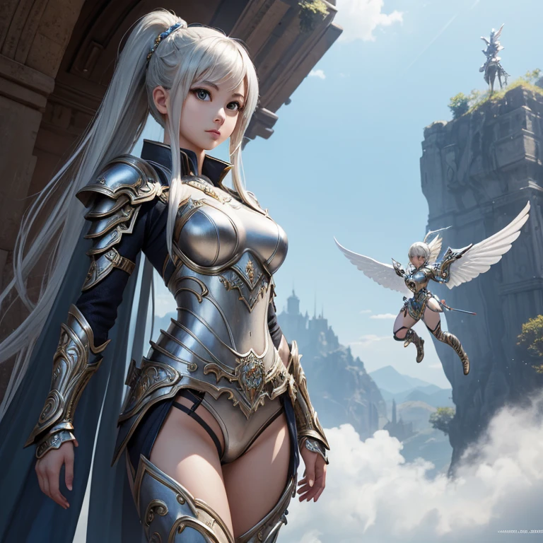 Award-winning flying concept art (girl1人:1.2) in platinum Shiny ornate armor, wonderful, god&#39;s Raise, Centered, (masterpiece:1.2), (highest quality:1.2), wonderful, Very detailed, beautiful, finely, Warm and soft color grading, Depth of written border, Extremely detailed 8K, Fine art, wonderful, Iridescent, Shiny, Reflection of light, Breezy, curl, Wind, Flying leaves, Dynamic pose, Hyperrealism, Vibrant, Lighted, Confused、The background is a bright sky、Nun in a black high-cut swimsuit、Bare thighs、sexy、Black short boots、Floating in the sky、girl sacrifices herself, die, And take you to heaven.、The girl looks at the viewer with an ecstatic expression.、girl&#39;My work on this earth is finished.、girl puffs out her chest and ascends to the sky.、alone