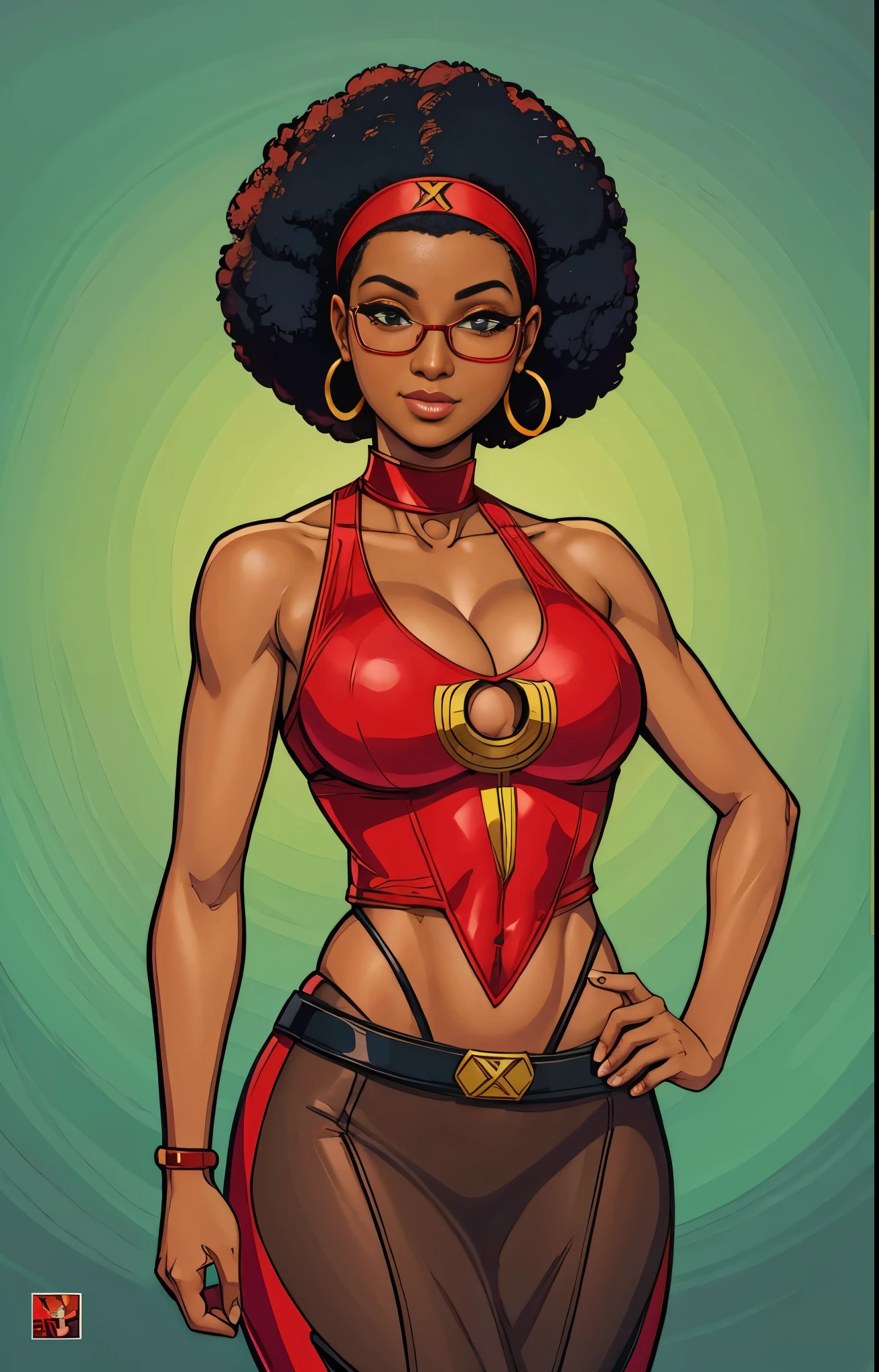 a cartoon of a woman with a red top and a red headband, female lead character, nerdy black girl super hero, 90s comic book character design, afro futurism, a portrait of the character, red afro, anya from spy x family, by Ella Guru, portrait of modern darna, full body character portrait, character full body portrait, colored illustration, afro