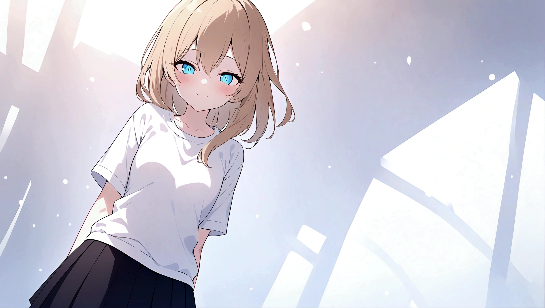 (Obra maestra, La mejor calidad, ultrahigh resolution), 1girl, standing, , white office shirt, black pleated skirt, ((light brown, light brown hair:0.7), long hair cut, pale skin, ((blue eyes)), glowing_eyes, neon eyes, (ultra detailed eyes, beautiful and detailed face, detailed eyes), ((centered)), smile, ((wide shot)), facing viewer, eye level, (blurry background, bright snowy background, winter), flat chested, looking at viewer, ((half closed eyes)), ((perfect hands)), (((head, arms, hips, elbows, in view))), ((hands behind back)), empty eyes, beautiful lighting, outside, outdoors, background, defined subject, 25 years old,