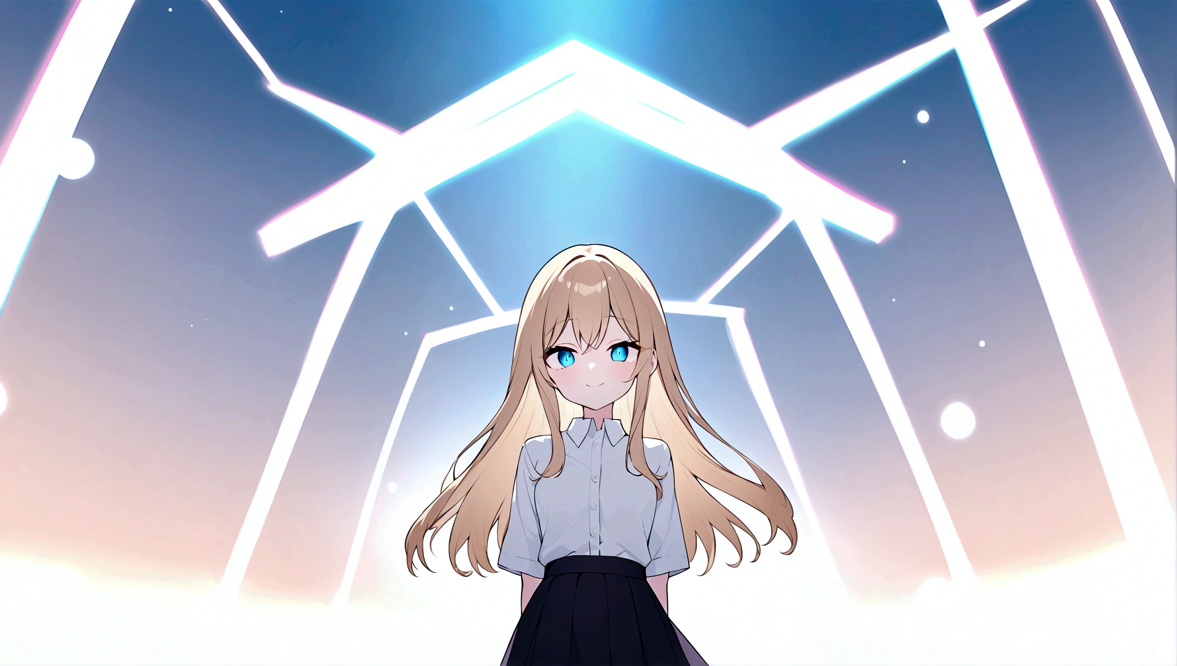 (Obra maestra, La mejor calidad, ultrahigh resolution), 1girl, standing, , white office shirt, black pleated skirt, ((light brown, light brown hair:0.7), long hair cut, pale skin, ((blue eyes)), glowing_eyes, neon eyes, (ultra detailed eyes, beautiful and detailed face, detailed eyes), ((centered)), smile, ((wide shot)), facing viewer, eye level, (blurry background, bright snowy background, winter), flat chested, looking at viewer, ((half closed eyes)), ((perfect hands)), (((head, arms, hips, elbows, in view))), ((hands behind back)), empty eyes, beautiful lighting, outside, outdoors, background, defined subject, 25 years old,