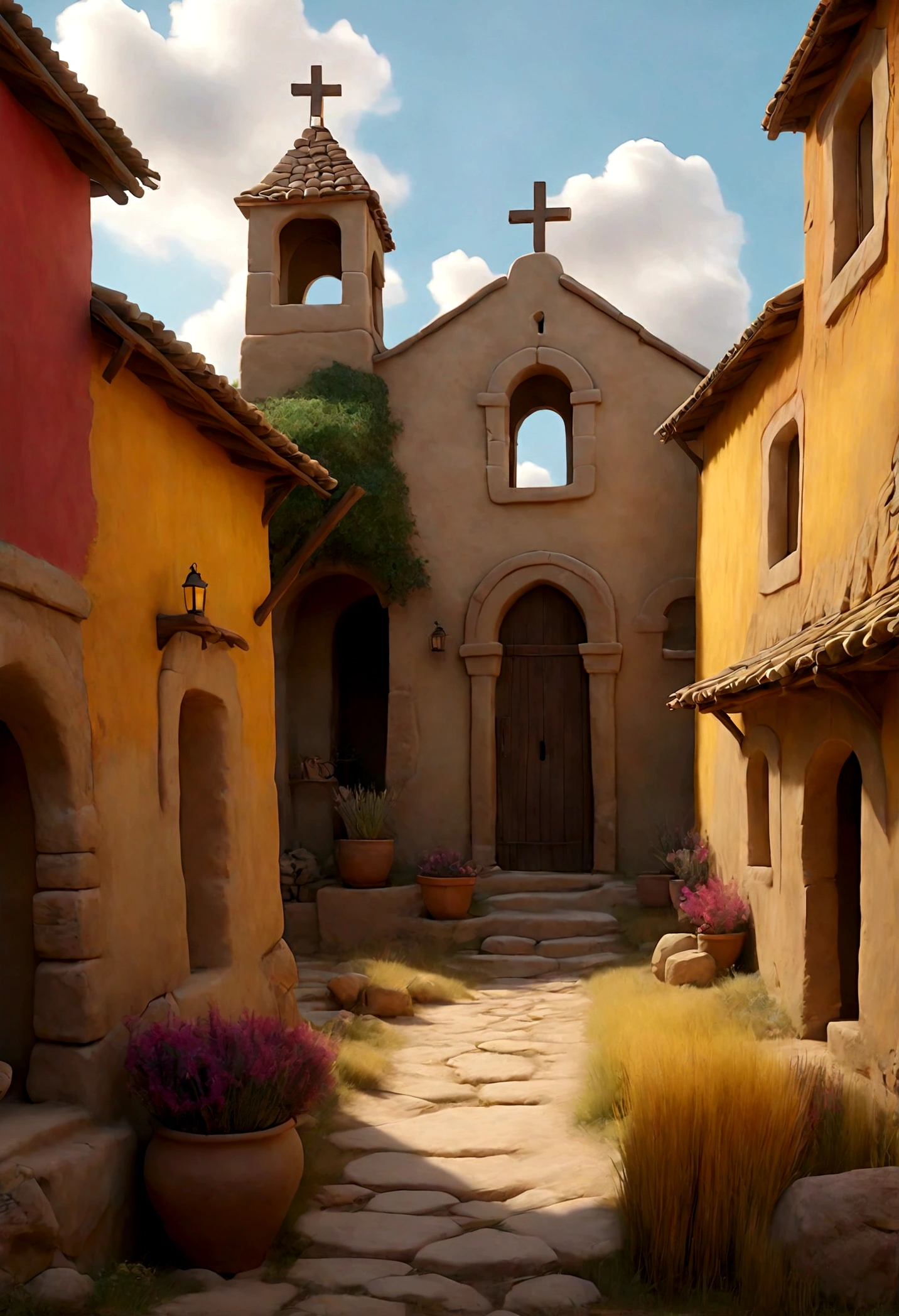 a colorful canvas, in the middle of an ancient village in the time of Jesus Christ, cinematic, hyperrealistic, 8k