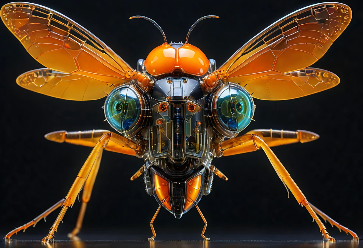 Futuristic Macro Photography of Insects, Demonstrating complex mechanical parts, With glowing orange trim, Full body composition, High-tech schematic background, Under soft studio lighting, Shooting from top to bottom, On a Canon EOS 5D Mark IV with a 100mm macro lens, Syd Mead&#39;s Style.close-up