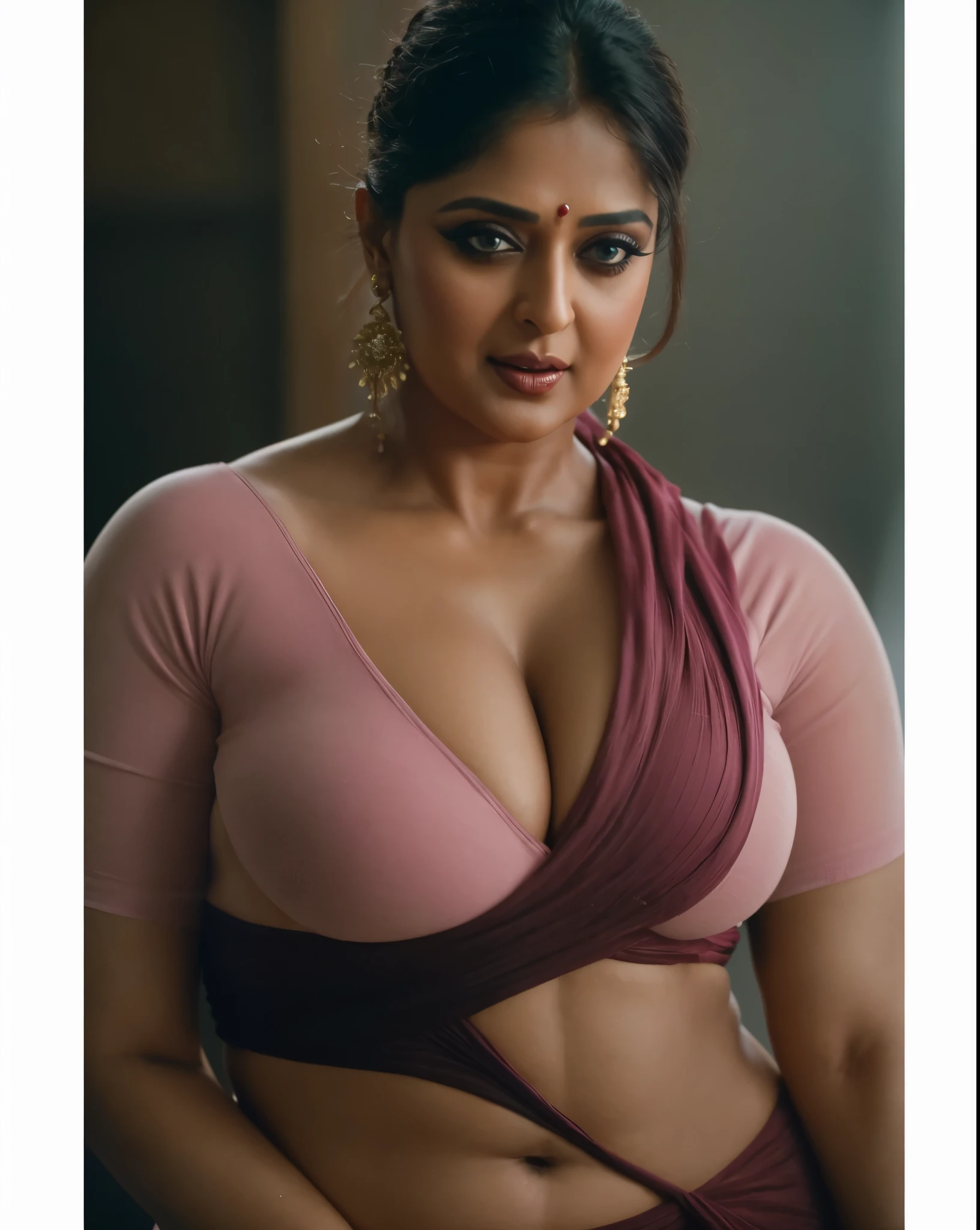 50yo mature MILF Anushka Shetty,((best quality)), ((masterpiece)), ((realistic)), eye kajal, eye liner, mascara, light red lips, curvy hot mommy figure, sensual Beauty, provoking body, extreme sweat, sweat soaked skin, slight stretch marks, alluring figure,  bulging figure, thick charming lady, curvy, thick navel, full figured woman, eye kajal, massive breast, full body, styled hair, pierced eyes, female face,royal aura, trend on artstation , sharp focus, studio photo, intricate detail, very detailed, detailed eye, illustration, very detailed, sharp focus, digital render, professional, 4k