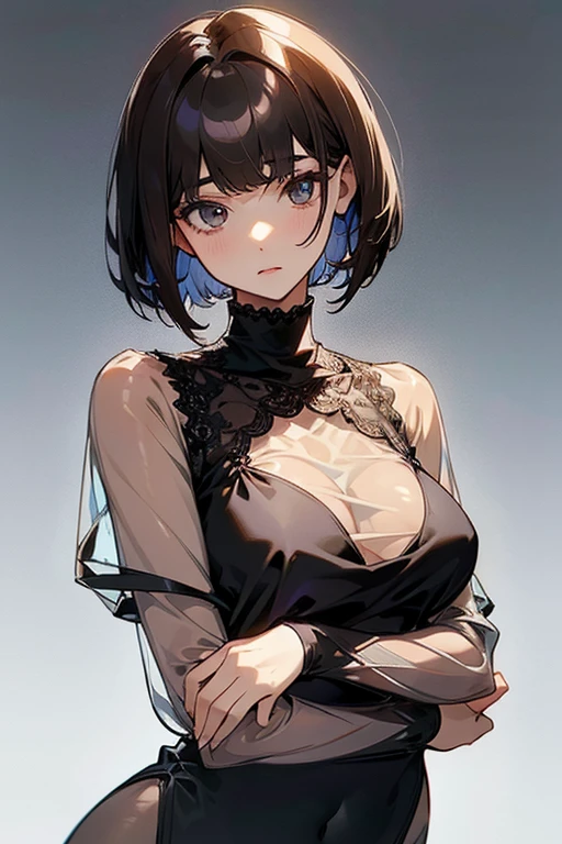 Black turtleneck、Tight lace topesh fabric top、Translucent tops、See-through、No sleeve、Lightweight cardigan、Beauty、tits、Bobcut、No sleeve、Shoulder Bare、Beautiful clavicle、Brown Hair、Partially transparent clothing、