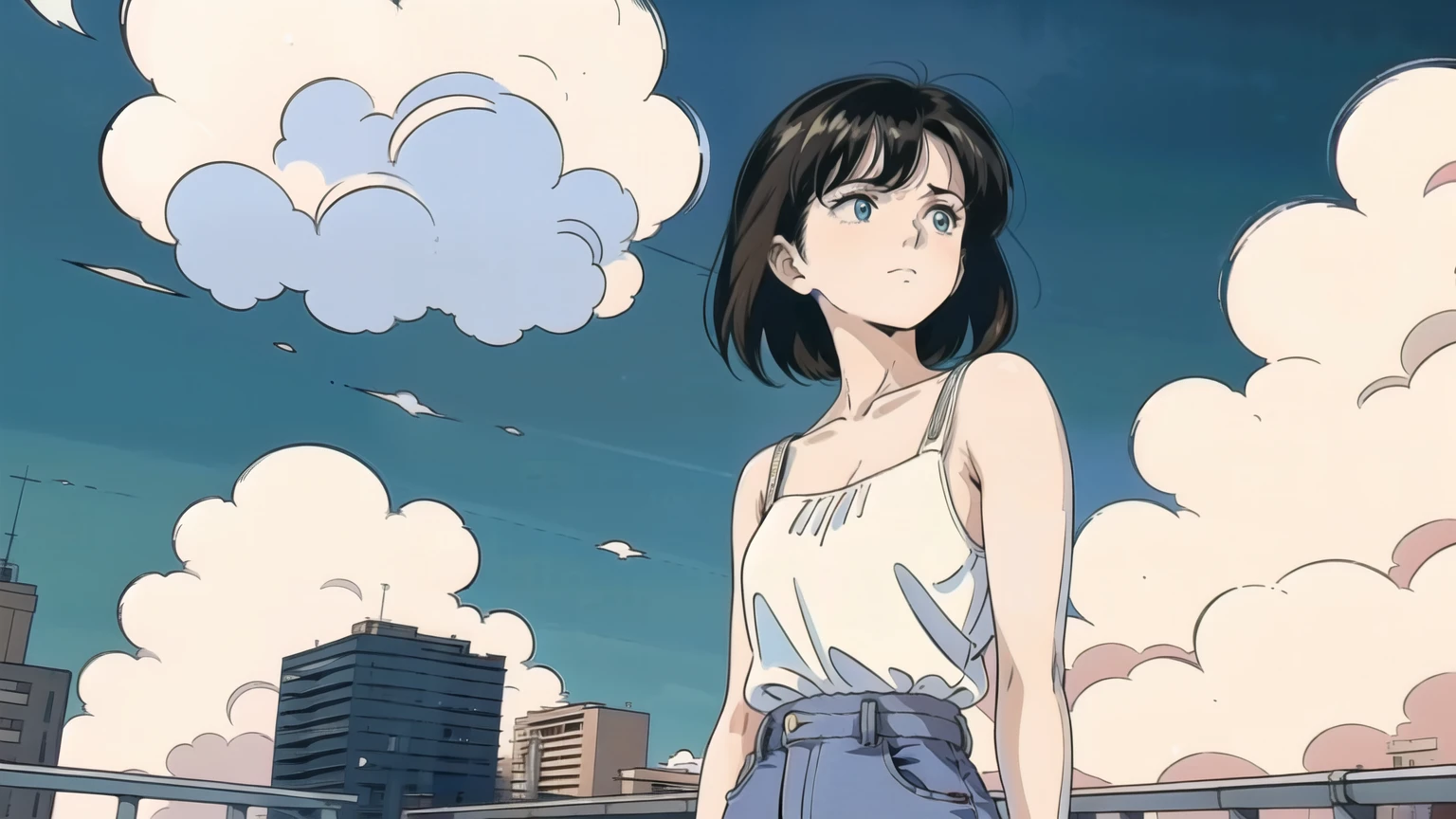 Anime girl standing on a rooftop with a city in the background - SeaArt AI