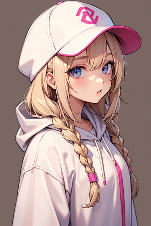 A beautiful girl with beige hair, wearing a white hoodie and a pink baseball cap, front view, hyper detailed, masterpiece, best quality, anime style, candy color eyes, twin braid, 20's, simple background