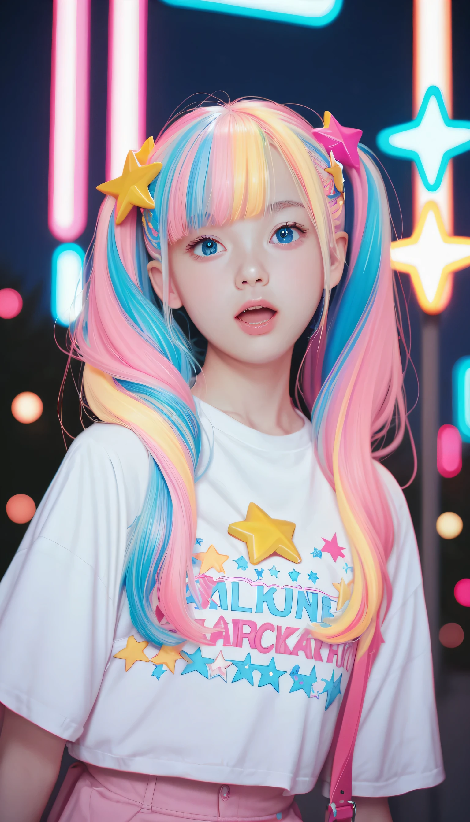 score_9_up, score_8_up, score_7_up, score_6_up, 1girl, solo, pastel colors, open mouth, long hair, star , (symbol), star hair ornament, hair ornament, twintails, looking at viewer, blue eyes, pastel neon lighting, source_anime, neon, neon theme , 