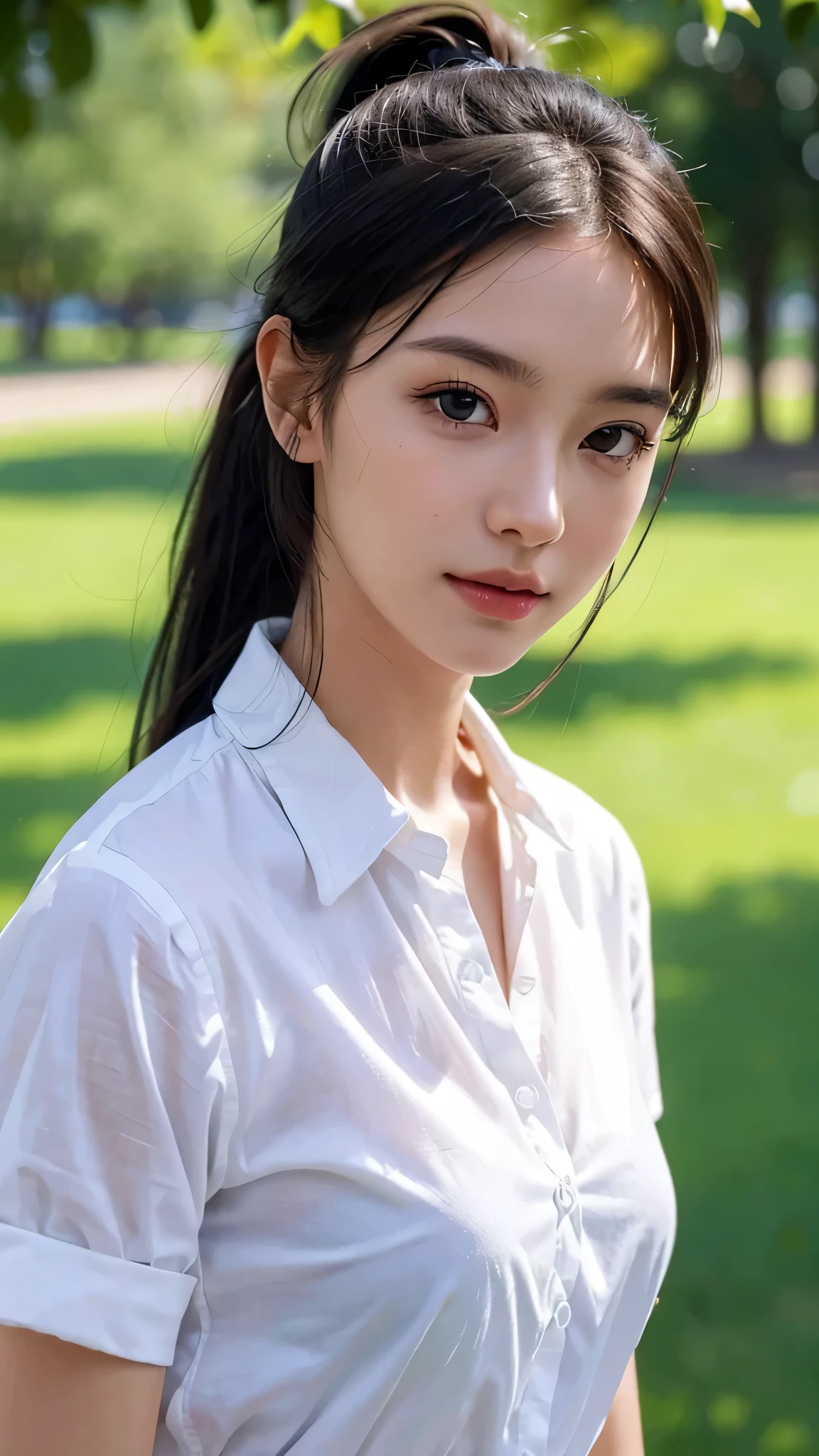 Black Bra、White collared shirt,jeans,outdoors,Urban Park,On the lawn,One woman,close up face,fully body photo,masutepiece, The highest image quality, High quality, the background is clear,Beautiful woman, Japanese, Detailed, Ultra-detailed, finely detail, hight resolution, 8K Wallpaper, Perfect dynamic composition, Beautiful detailed eyes ,Detailed eyes, Detailed skin, Beautiful skin, 超hight resolution, (reality: 1.4),Very beautiful woman, Slightly younger face, Beautiful skin, slender, (Ultra photo realsisim), (hight resolution), (8K), (Very detailed) (beautifully detailed eyes), (super detailed), (Detailed face), view the viewer, Fine details, Detailed face, Staring straight ahead, Staring straight ahead, photos realistic, Bright lighting, Professional Lighting, Black hair,poneyTail,a baby face,sixteen years old,Hairstyle: ponytail,Long ponytail hairstyle,slight smile,