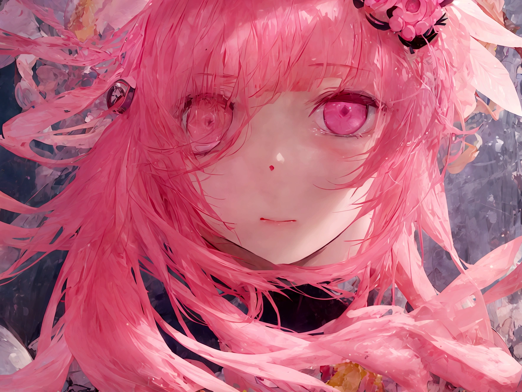 Pink hair。Her eyes are a sparkling blue like jewels。Long eyelashes、It is long and thin。My eyes are moist with tears。She is crying because she is very sad.。The tears are coming out so much。I wipe away those tears with my hands。Age: 17。