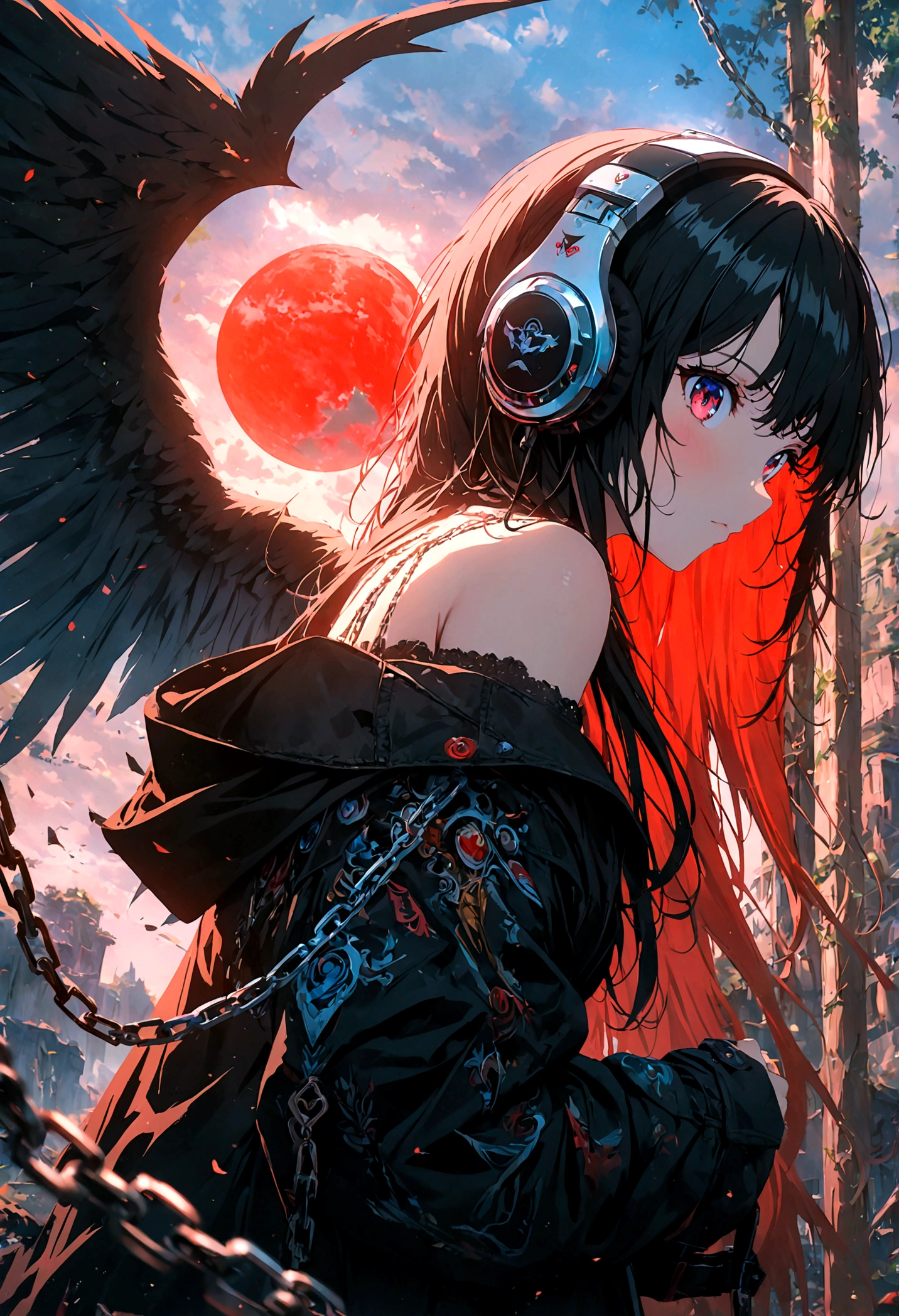 4k anime wallpaper, 4k anime wallpaper, Anime Art Wallpapers 8K, 4K Anime Style, anime art wallpaper 4k, anime art wallpaper 4k, 4k anime wallpaper, Eugeo Art, Detailed digital anime art, ((masterpiece, highest quality)), (Complex Light), Perfect hands, Normal finger, Hyper Detail, Bright colors.Fantasy manga style demon beautiful girl, silver hair, short, headphones, half wearing dark long coat, off the shoulder, black wings, chain, red moon, otherworldly painting.