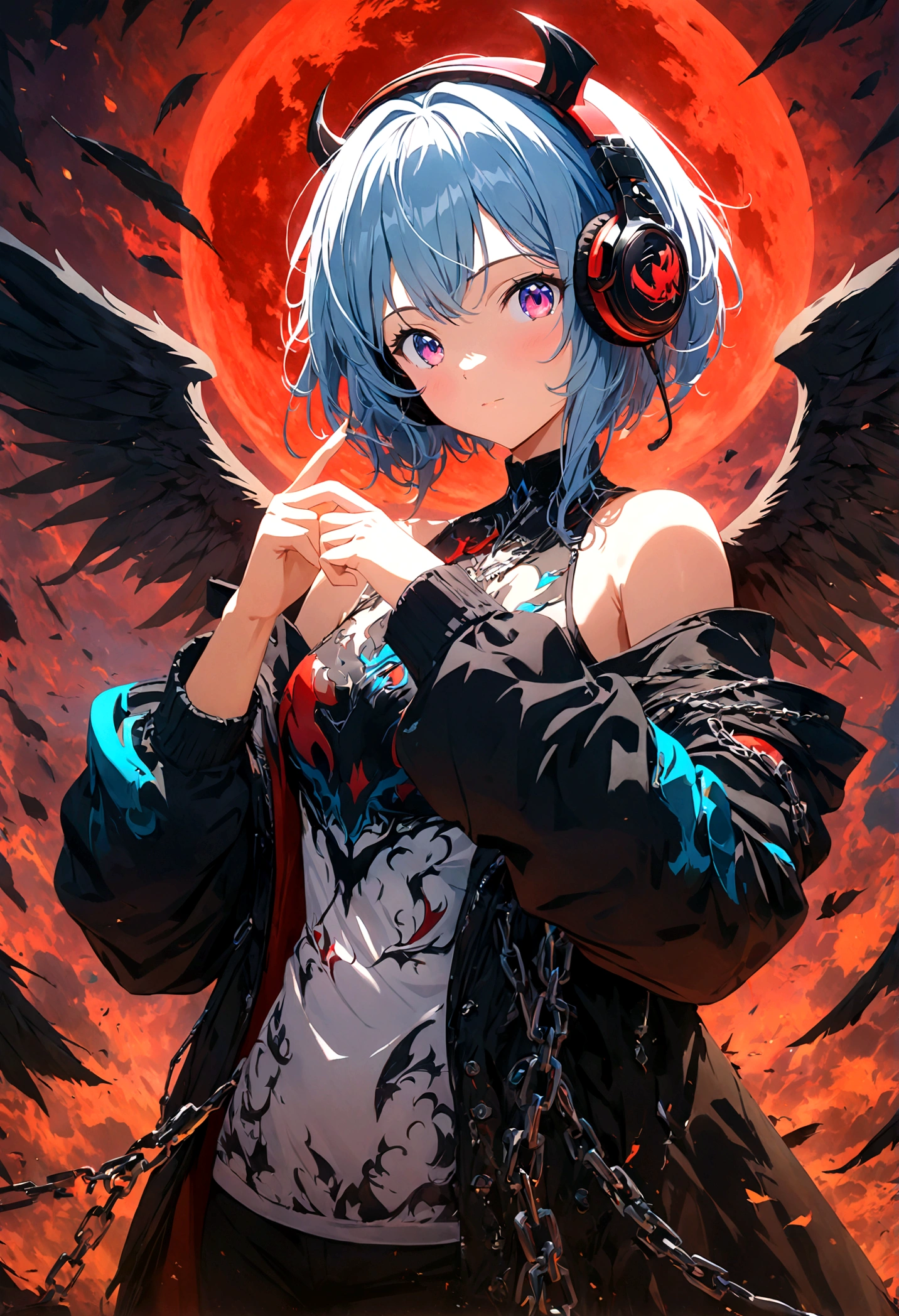 4k anime wallpaper, 4k anime wallpaper, Anime Art Wallpapers 8K, 4K Anime Style, anime art wallpaper 4k, anime art wallpaper 4k, 4k anime wallpaper, Eugeo Art, Detailed digital anime art, ((masterpiece, highest quality)), (Complex Light), Perfect hands, Normal finger, Hyper Detail, Bright colors.Fantasy manga style demon beautiful girl, silver hair, short, headphones, half wearing dark long coat, off the shoulder, black wings, chain, red moon, otherworldly painting.