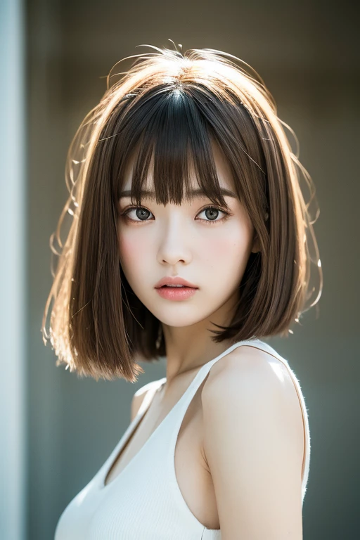 1 girl、24-years-old、Brown hair、Straight Bangs、Short Hair、Concrete walls and floors、Transcendental Silence、Depth of written boundary、White top、Absurd、Hmph、Ultra-detailed illustrations、Highly detailed face、Raw photo、Film Grain、deviantart Trends