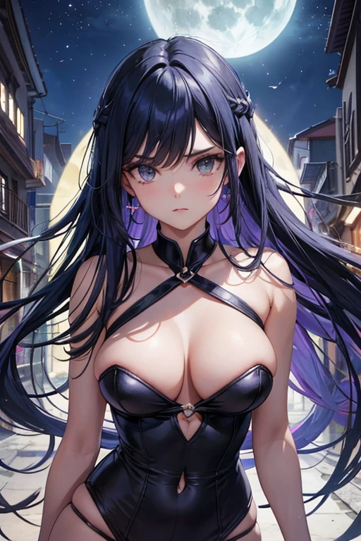 Ravena go titans, andando num beco a noite luz da lua, sensual, cabelo curto preto estilo pixie, colant cavado, boca carnuda e sensual, corpo sensual e perfeito. sem capa e capuz, joia na testa, silhueta de trigon atras dela, she doesn't notice, papel de parede 8k, ultra detalhado, beautiful and aesthetic, arte, melhor qualidade, (dynamic angle: 1.4), elegante, design elegante, cores escuras, romantismo , ultra grande angular