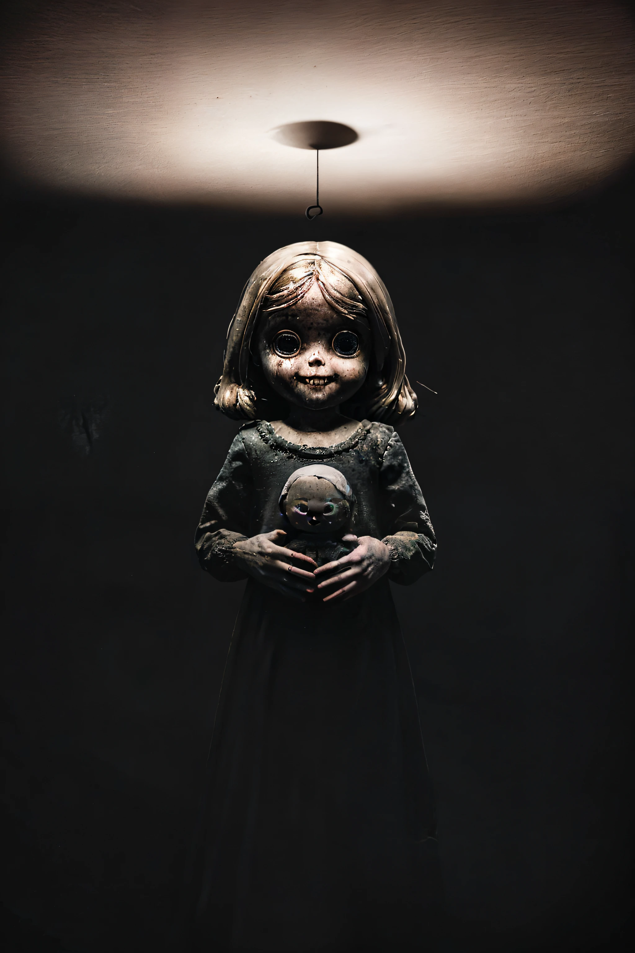 a mysterious and slightly creepy illustration of a dark, abandoned room with a  holding a doll with a creepy smile on her face. Cannot see her face clearly, the room is dark with little light, creepy environment, mystery surrounding