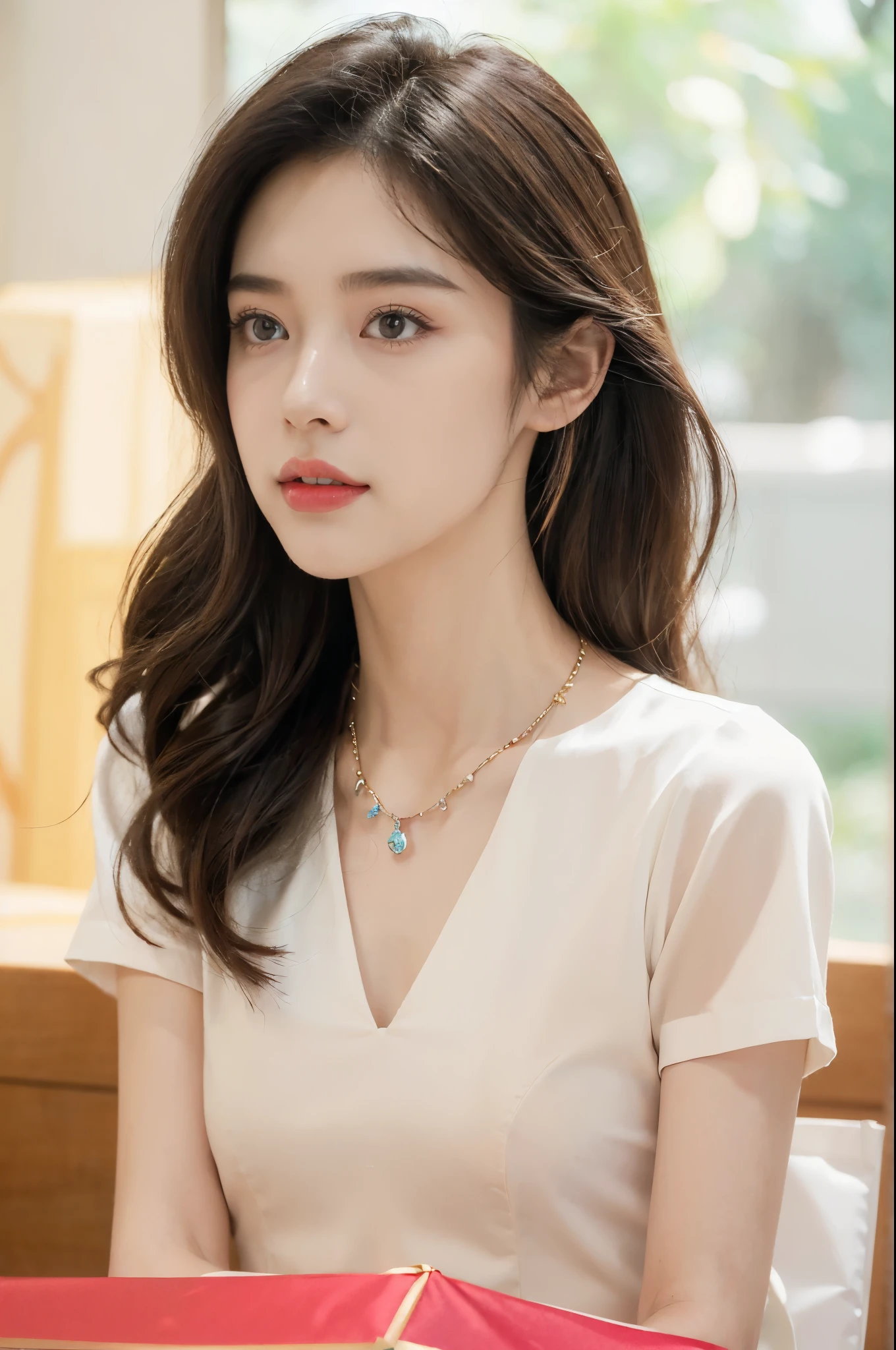((((8k))),((Extremely meticulous CG)) ,(wallpaper),16k,((Extremely refined and beautiful)),(((Masterpiece))),(((best qualtiy))),(((Ultra High Resolution))),beautiful light up,Perfect lightning,realistic shaded,(Smooth and flawless skin:1.5),(Extremely exquisite facial details:1.2),(perfect body:1.2),(ultra-detailed),((A beautiful girl,solo)),(small head:1.2),(pale skin:1.3),(medium straight hair:1.2),(small face:1.2),(baby face:1.3),(Exquisite makeup:1.2),(bare back:1.3),(towering hips:1.3),((slim,thin)),(laughing:1.2),(short sleeves:1.2),(crystal necklace:1.2),(shirt dress:1.5),(pantyhose:1.3),(indoor:1.3),(summer:1.3),(detailed background:1.5),(sitting on the gift box:1.3),(butt crack:1.2),(upper body:1.3),(from back:1.3),(day scene:1.5),(many gift boxes of various colors:1.3),(In a luxurious shopping mall:1.5),(bright and vivid colors:1.3)