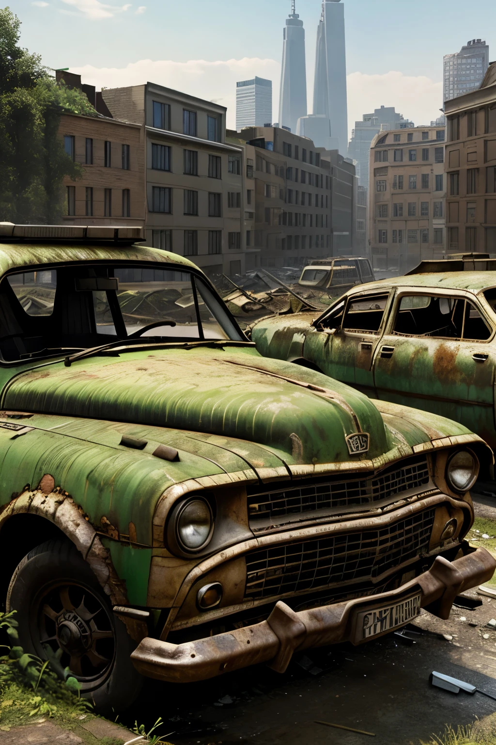 Bereich anzeigen 3d verlassene Stadt(Ney York).,famous monument ,post-apocalyptic world abandoned cars vegetation next to buildings destroyed building plane crashed