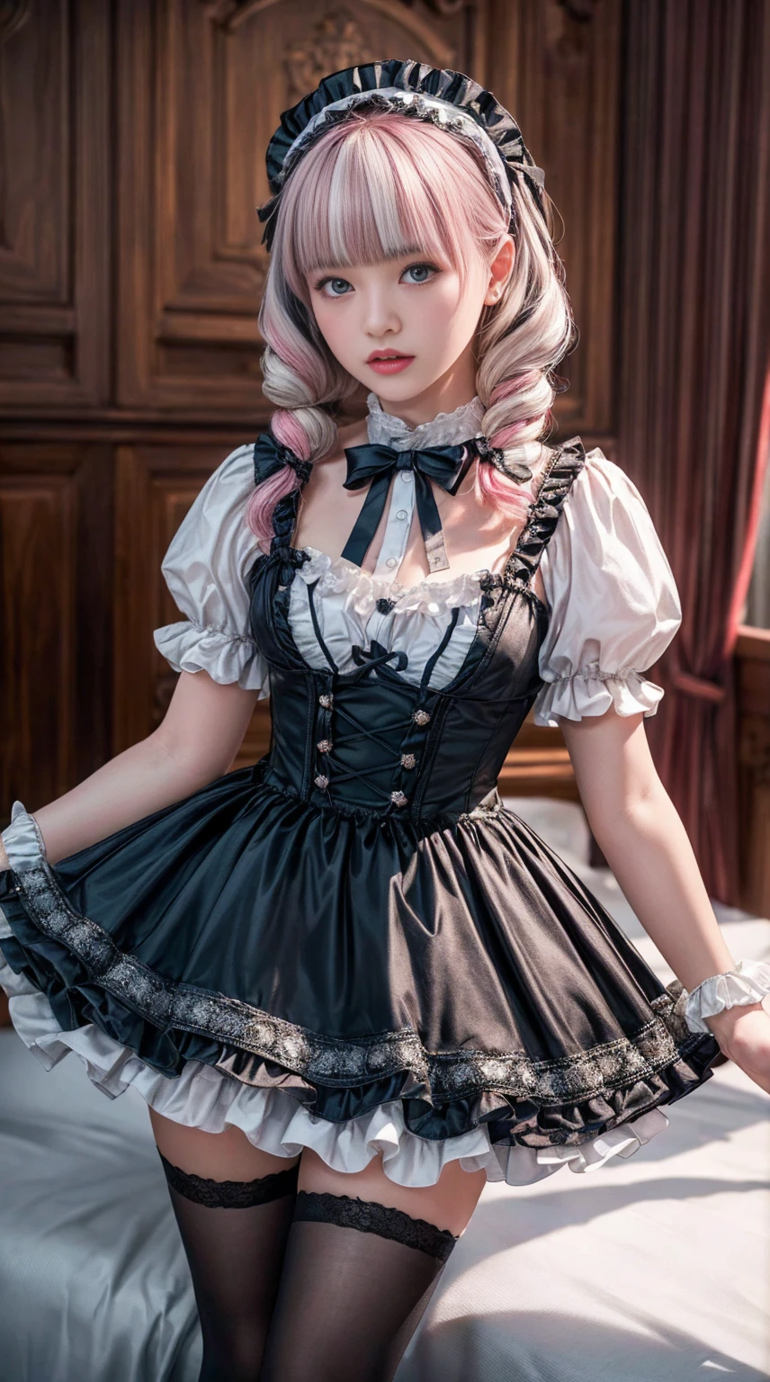 Mature Woman、Pink Hair、Light grey hair、((Two-tone hair))、Black ta dress with delicate pink embellishments、Slender women、Cute Woman、 8K Ultra HD,Detailed face、Delicate texture, Long Hair、(((Blunt bangs)))、(((Drill Hair)))、Tutu skirt、thigh length tights、short boots、((Sweet Loli、mini skirt、A room in a Western-style building、((Delicate photo)),(Girl Astepeace RAW Photo Details:1.25), (highest quality:1.6), (超A high resolution:1.5), (Realistic:1.75), 8K resolution, Canon EOS R5, 50mm, Absurd, Very detailed,Cinema Lighting、((stuffed toy:1.25))