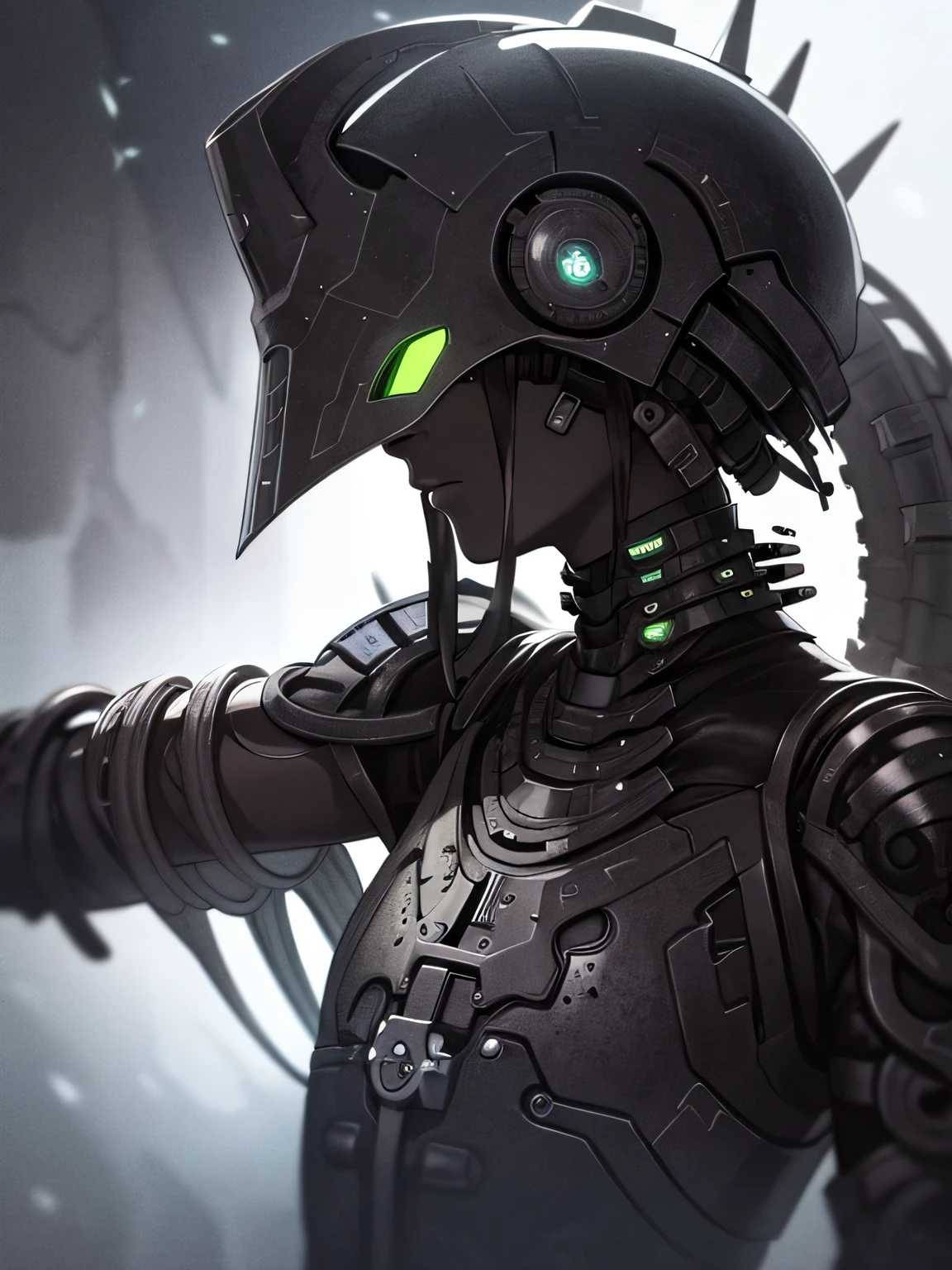 (dark biopunk art), (tentacle biopunk atmosphere), (gloomy biopunk girl), dark biopunk girl, delicate facial features, dark black skin, dark brown skin, dark skin, brown hair, smooth hair, wavy biopunk helmet, silver biopunk shoulder pads, (dark lighting), many shadows, cold lights, biopunk