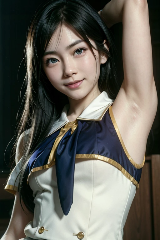 4k quality, masterpiece, asuka tanaka, marching band uniform, seductive smile, dark hair, blue eyes, armpits, armpits visible, detailed armpits