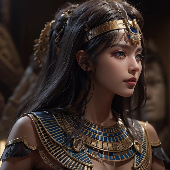 Standing in an ancient Egyptian cave、Blowing hair 、 ((highest quality、masterpiece、8k、Best image quality、Ultra-high resolution、Award-winning works)、(Accurate anatomy:1.1)、(Look at me and smile:1.0)、Shining fair skin with Ultra-high resolution、The most detailed face、Ultra-high resolution detailed face、Ultra-high resolutionの髪の毛、(Ultra-high resolution eye:1.1)、Beautiful face drawn in every detail、Ancient Egyptian costumes, Chest to chest, Dark atmosphere,Dark Light, Ancient Egyptian makeup,