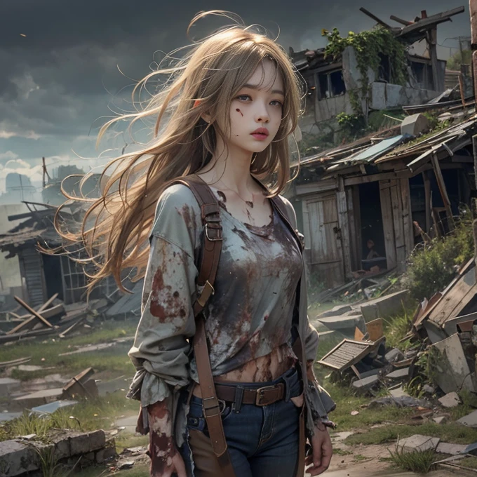 (masterpiece, highest quality, 1 girl, alone) In the ruins of the zombie apocalypse, 美しいアメリカの金髪の十代のto be born存者, ( Half Body Shot, There are many freckles on the face, Slim figure, Messy hair with short sides, Hazel green eyes), I'm tired but I won'Resistant, Discover the secret sanctuary village, A ray of hope in a world devastated by despair. Her Journey, Involving risk and loss, Lead her to this hidden haven, A place where safety and the promise of new beginnings await... Surrounded by the revival of nature, The sanctuary stands as a lush oasis in the middle of a desolate landscape.., Its very existence is a testament to the resilience and tenacity of humankind.. When she crossed the line, Her relief is palpable.., Her face is、Even in the darkest times, Hope can find its way to prosperity. This moment、It captures the essence of hope in the face of adversity.。, to be bornき残るための戦いにおいて, The human spirit is indomitable, 16k, Ultra-high resolution.Realistic, Ultra-high resolution, to be born, Sanctuary Village in the background