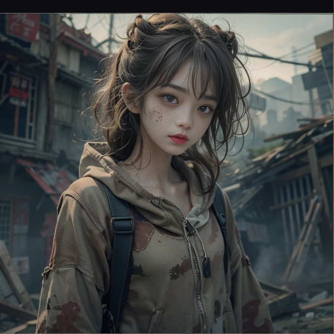 (masterpiece, highest quality, 1 girl, alone) In the ruins of the zombie apocalypse, 美しいアメリカの金髪の十代のto be born存者, ( Half Body Shot, There are many freckles on the face, Slim figure, Messy hair with short sides, Hazel green eyes), I'm tired but I won'Resistant, Discover the secret sanctuary village, A ray of hope in a world devastated by despair. Her Journey, Involving risk and loss, Lead her to this hidden haven, A place where safety and the promise of new beginnings await... Surrounded by the revival of nature, The sanctuary stands as a lush oasis in the middle of a desolate landscape.., Its very existence is a testament to the resilience and tenacity of humankind.. When she crossed the line, Her relief is palpable.., Her face is、Even in the darkest times, Hope can find its way to prosperity. This moment、It captures the essence of hope in the face of adversity.。, to be bornき残るための戦いにおいて, The human spirit is indomitable, 16k, Ultra-high resolution.Realistic, Ultra-high resolution, to be born, Sanctuary Village in the background