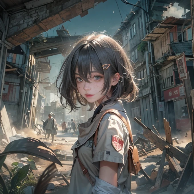 (masterpiece, highest quality, 1 girl, alone) In the ruins of the zombie apocalypse, 美しいアメリカの金髪の十代のto be born存者, ( Half Body Shot, There are many freckles on the face, Slim figure, Messy hair with short sides, Hazel green eyes), I'm tired but I won'Resistant, Discover the secret sanctuary village, A ray of hope in a world devastated by despair. Her Journey, Involving risk and loss, Lead her to this hidden haven, A place where safety and the promise of new beginnings await... Surrounded by the revival of nature, The sanctuary stands as a lush oasis in the middle of a desolate landscape.., Its very existence is a testament to the resilience and tenacity of humankind.. When she crossed the line, Her relief is palpable.., Her face is、Even in the darkest times, Hope can find its way to prosperity. This moment、It captures the essence of hope in the face of adversity.。, to be bornき残るための戦いにおいて, The human spirit is indomitable, 16k, Ultra-high resolution.Realistic, Ultra-high resolution, to be born, Sanctuary Village in the background