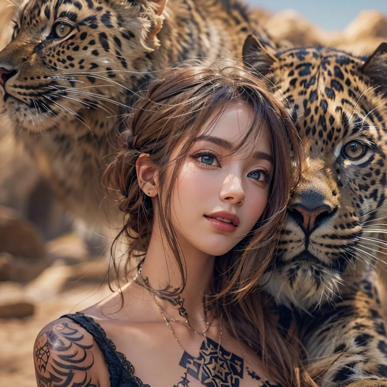 Hiding in the desert、Hair flow、 ((highest quality、masterpiece、8k、Best image quality、Ultra-high resolution、Award-winning works)、(Accurate anatomy:1.1)、(Look at me and smile:1.1)、Shining fair skin with Ultra-high resolution、The most detailed face、Ultra-high resolution detailed face、Ultra-high resolution hair、(Ultra-high resolutionのeyes :1.1)、Beautiful face drawn in every detail、(Blurred Background:1.1)、Ancient Islamic clothing, Chest to chest, tattoo, Old ruins in the background、Black leopard