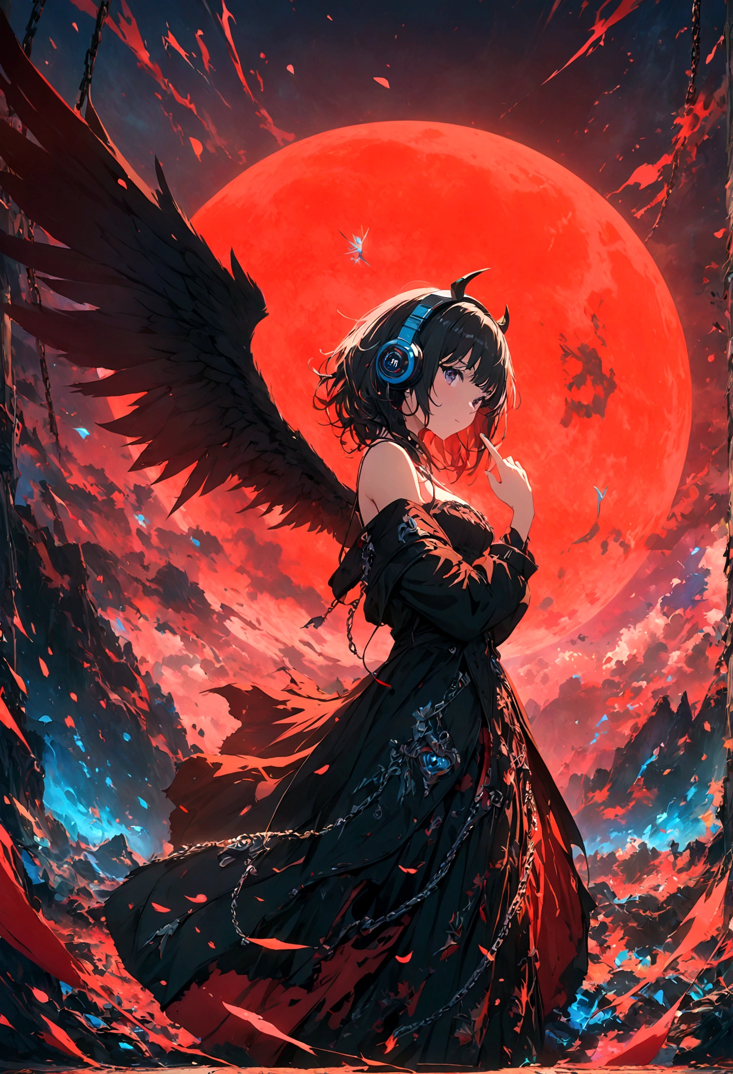 4k anime wallpaper, 4k anime wallpaper, Anime Art Wallpapers 8K, 4K Anime Style, anime art wallpaper 4k, anime art wallpaper 4k, 4k anime wallpaper, Eugeo Art, Detailed digital anime art, ((masterpiece, highest quality)), (Complex Light), Perfect hands, Normal finger, Hyper Detail, Bright colors.Fantasy manga style demon beautiful girl, silver hair, short, headphones, half wearing dark long coat, off the shoulder, black wings, chain, red moon, otherworldly painting.