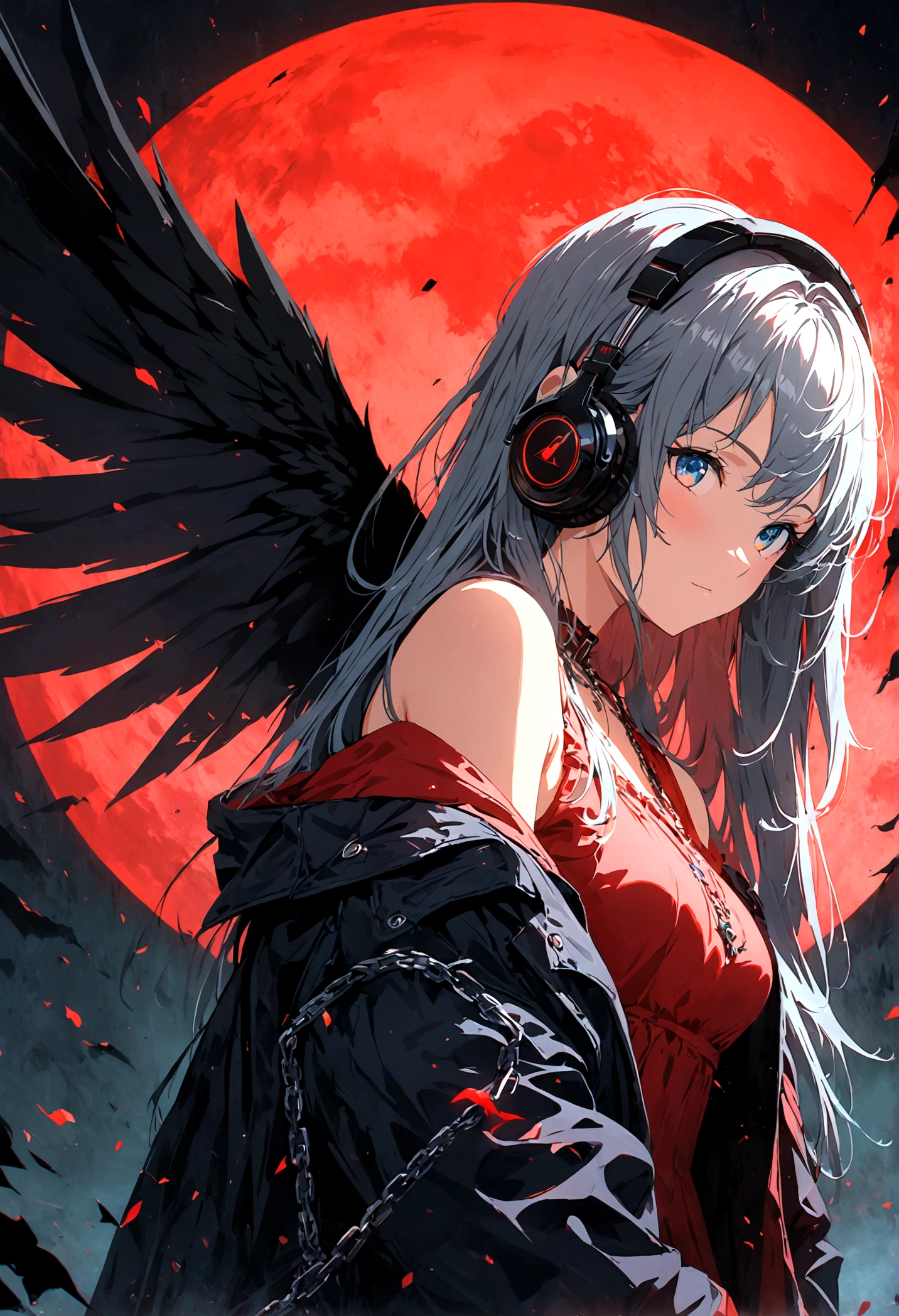 4k anime wallpaper, 4k anime wallpaper, Anime Art Wallpapers 8K, 4K Anime Style, anime art wallpaper 4k, anime art wallpaper 4k, 4k anime wallpaper, Eugeo Art, Detailed digital anime art, ((masterpiece, highest quality)), (Complex Light), Perfect hands, Normal finger, Hyper Detail, Bright colors.Fantasy manga style demon beautiful girl, silver hair, short, headphones, half wearing dark long coat, off the shoulder, black wings, chain, red moon, otherworldly painting.