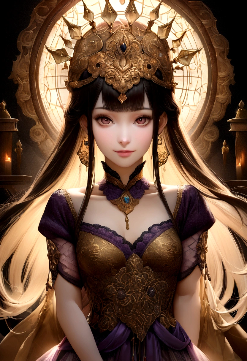 highest quality:1.5)、(Realistic:1.5)、(1 person:1.5)、Very detailed、finely、High resolution、8k wallpaper、Perfect dynamic composition、Small breasts、Natural color lip、Cute Smile、Japanese women、20-year-old girl、Beautiful and elaborate face、Perfect and beautiful face、Beautiful and exquisite、Big eyes、Brunette's eyes、Beautiful and elaborate face、Perfect and beautiful double eyelids、Natural Bangs、Beautiful thin nose、Beautiful Skin、Black natural hair、Long Hair、Natural Bangs、Perfect and beautiful face、Slim face and figure、(Looking into the camera)、Bright lighting、Professional Lighting、Front lighting、Natural smile、Beautiful clavicle、、fortune teller、Fortune-telling attire、Gold embroidery、purple、Dazzling、Tarot、crystal、Tiara on head、Big earrings、mysterious、Gorgeous、fortune tellerに見える、Gorgeousなネックレス、race、Upper Body、So that your head won't get cut off、