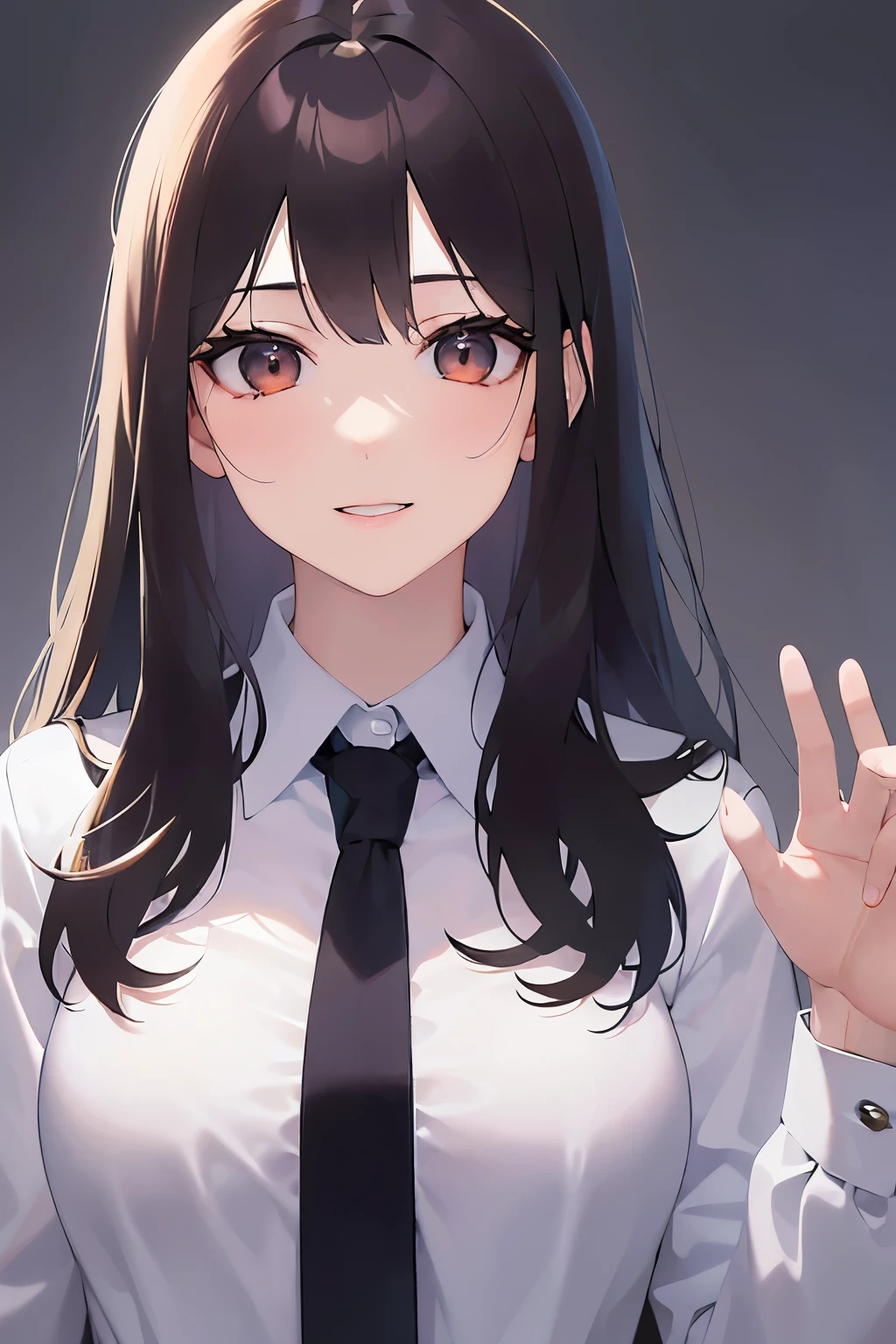 Hands raised,Realistic, real person, (pale skin: 1.2), RAW photo, photorealistic, portrait photography, shiny skin, shiny hair、 (A 25-year-old woman with bangs) and (wavy hair) and (brown hair) and (orange eyes) , (business suit:1.5)and (Wearing a white collared shirt)、 smile、Upper Body、The background is the office