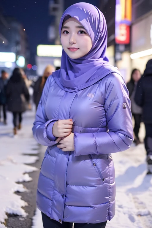 Best quality, 4K, 8K, Detailed faces,fully body photo, Clear face, Japanese muslim girl, 21 years old girl, Pasmina hijab, Violet hijab, perfect body figure, Long slim legs, Long down jacket with hood, snowy Tokyo landscape, the street