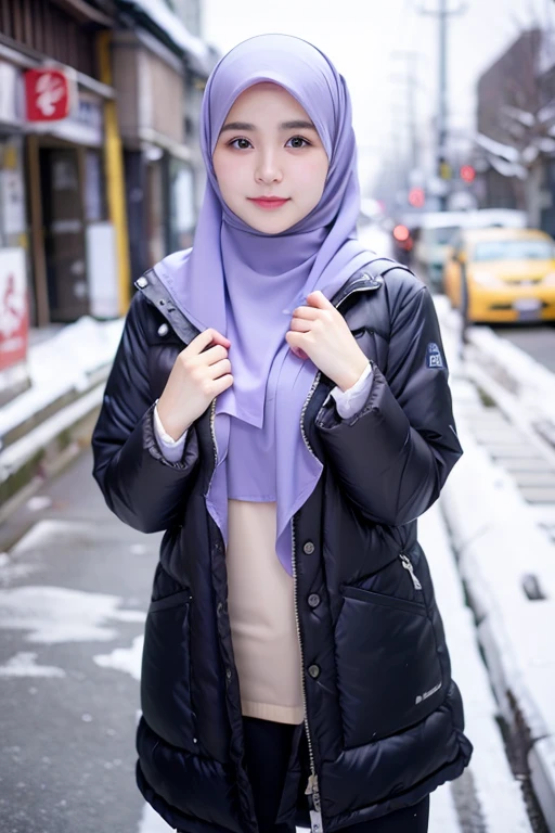 Best quality, 4K, 8K, Detailed faces,fully body photo, Clear face, Japanese muslim girl, 21 years old girl, Pasmina hijab, Violet hijab, perfect body figure, Long slim legs, Long down jacket with hood, snowy Tokyo landscape, the street