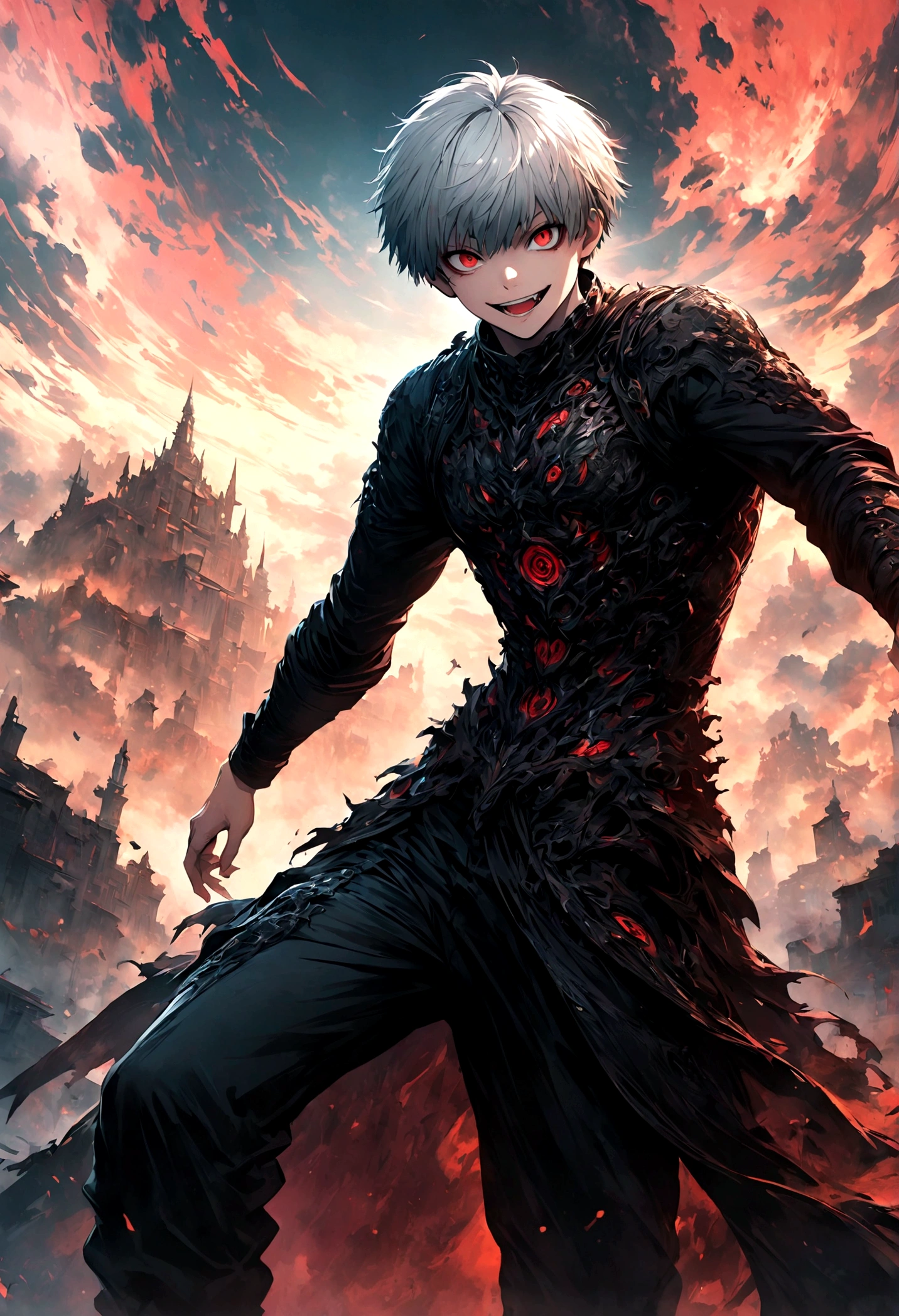 1 male,Kaneki,Tokyo Ghoul,,Midori Ishida's painting style,Intricate details,Use black and white as your main colors,Decadent,artwork,rendering,Dynamic pose,(masterpiece:1.3),(highest quality:1.4),(Super detailed:1.5),High resolution,Very detailed,unity 8k wallpaper,Dark fantasy,Glare,Fighting Style,Crazy Smile,Coming soon,Images that inspire fear in the viewer,Kaneki has three black mineral tentacles growing from his back.
