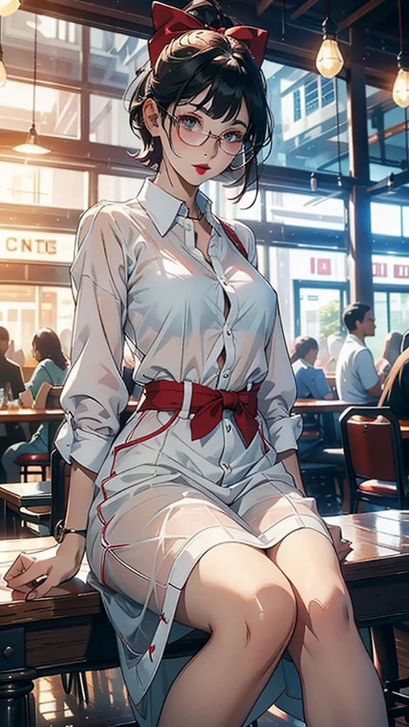 A photo of a young, nerdy woman sitting in a caf, wearing a white shirt and a bow, surrounded by a cozy atmosphere, looking at the viewer.
short hair, slender, red lips, transparent fabric, flirting with the camera
