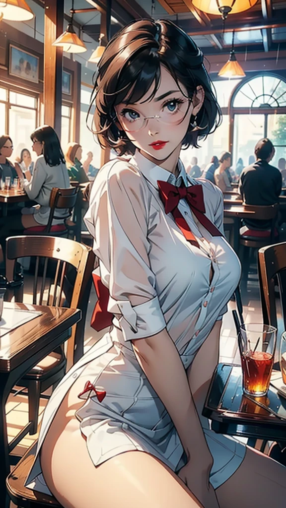 A photo of a young, nerdy woman sitting in a caf, wearing a white shirt and a bow, surrounded by a cozy atmosphere, looking at the viewer.
short hair, slender, red lips, transparent fabric, flirting with the camera