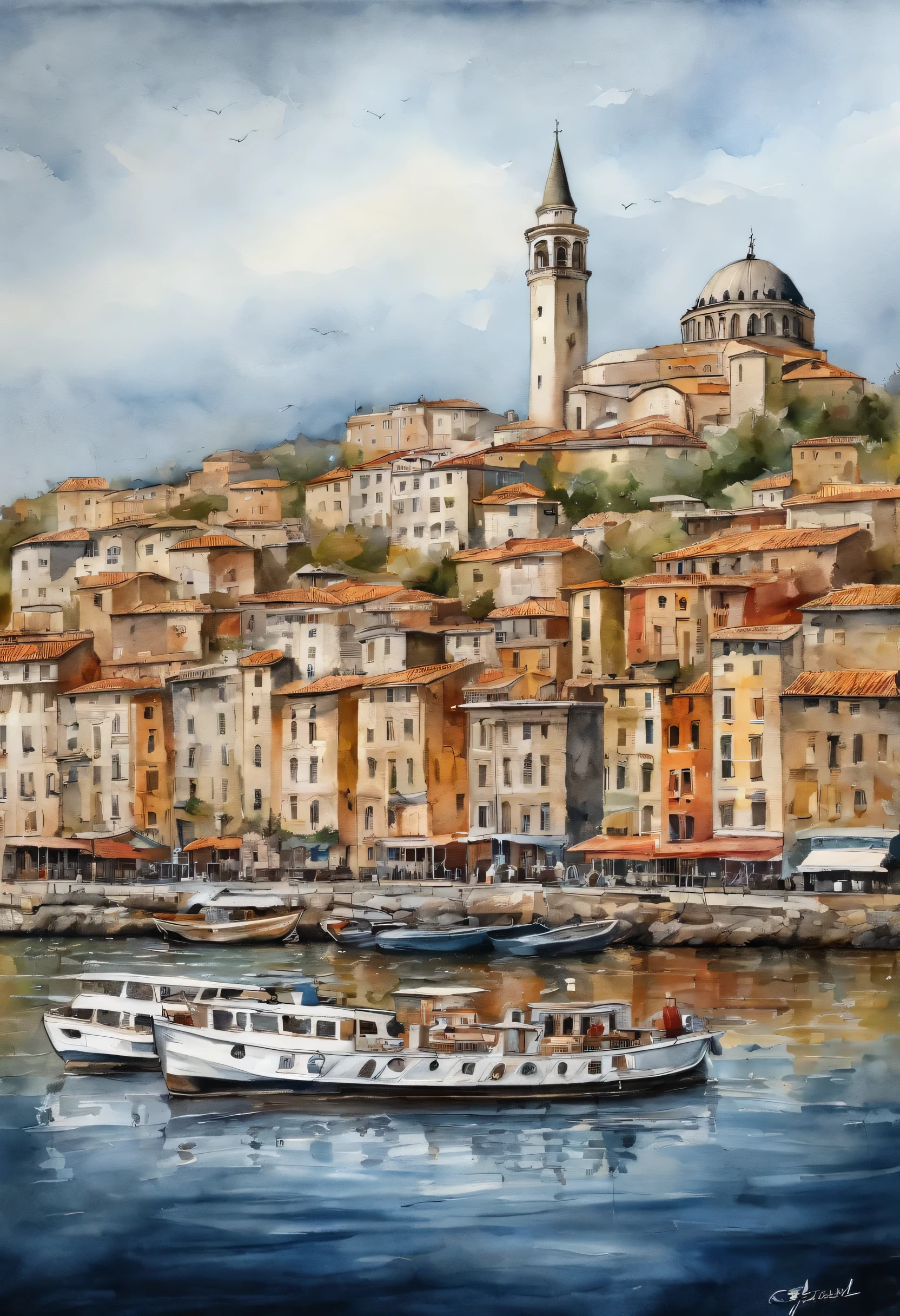 Beautiful view of Galata Port and the Bosphorus by Jean Paul Croquineur. boat, cloud, watercolor, architectural drawing, closure, Front view with plan view, feather, [Ink color], Dirty Shade, Colored