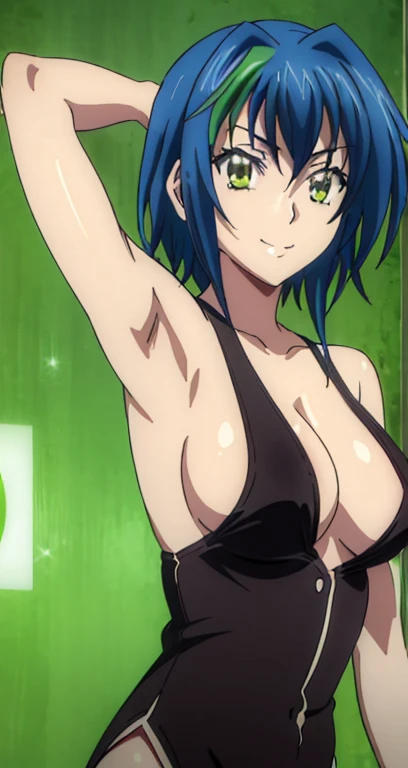 (((picture perfect))), (absurdres), 1girl, solo, rias gremory, looking at viewer, smile, (((upper body))), arms up, armpits visible, detailed armpits, green tanktop