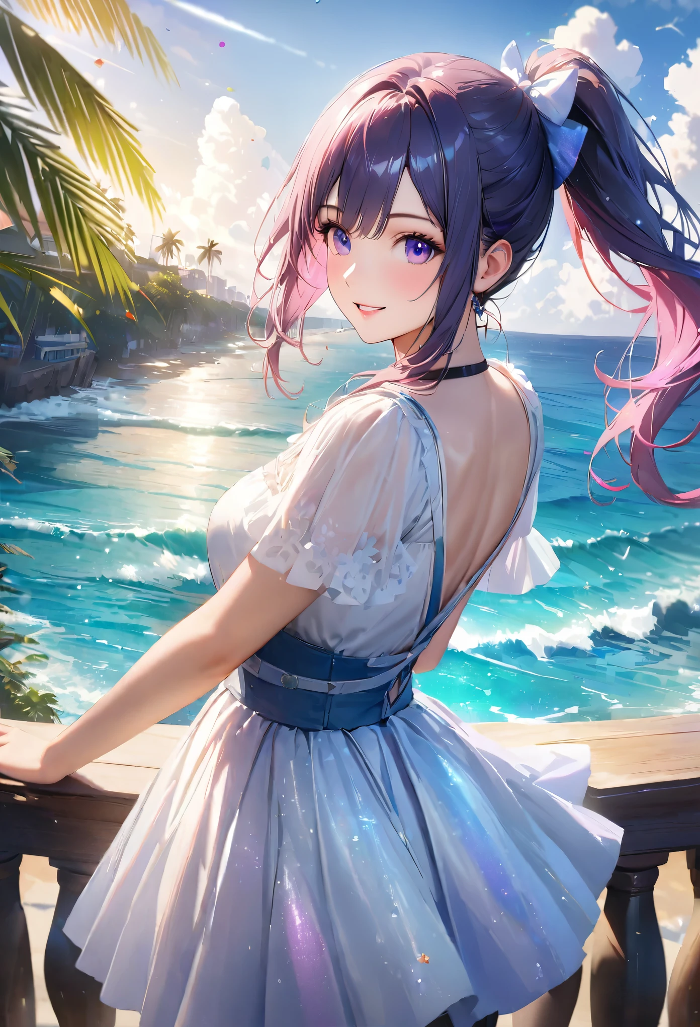 Sparkling sea and tropical ocean, Sunny sky with fluffy white clouds, Palm trees along the coast, Blur the background,Pleasant sea breeze,High school girls,ponytail,smile,Glitter effect,highest quality, 4K, 8k, High resolution, masterpiece:1.2, Very detailed, Realistic:1.37, High resolution, 超High resolution, Ultra-fine painting, Sharp focus, Physically Based Rendering, Very detailedな説明, Professional, Vibrant colors