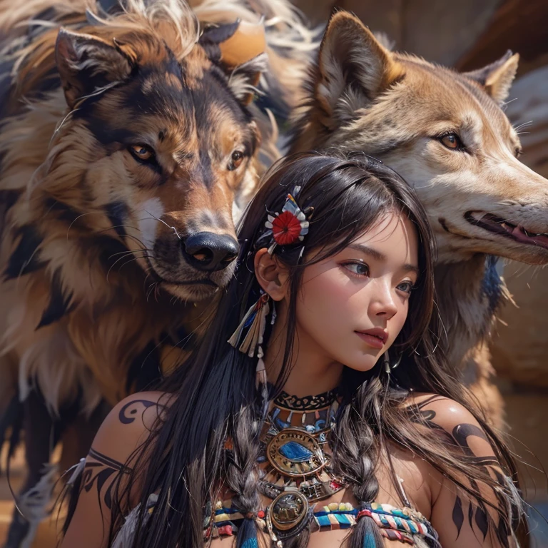 At the Grand Canyon、Hair flow、 ((highest quality、masterpiece、8k、Best image quality、Ultra-high resolution、Award-winning works)、(Accurate anatomy:1.1)、(Look at me and smile:1.1)、Shining fair skin with Ultra-high resolution、The most detailed face、Ultra-high resolution detailed face、Ultra-high resolutionの髪の毛、(Ultra-high resolutionの煌めく瞳:1.1)、Beautiful face drawn in every detail、(Blurred Background:1.1)、Native American Costume, American Indian Clothing, Chest to chest, tattoo、A real giant condor next to you。The wolf is watching