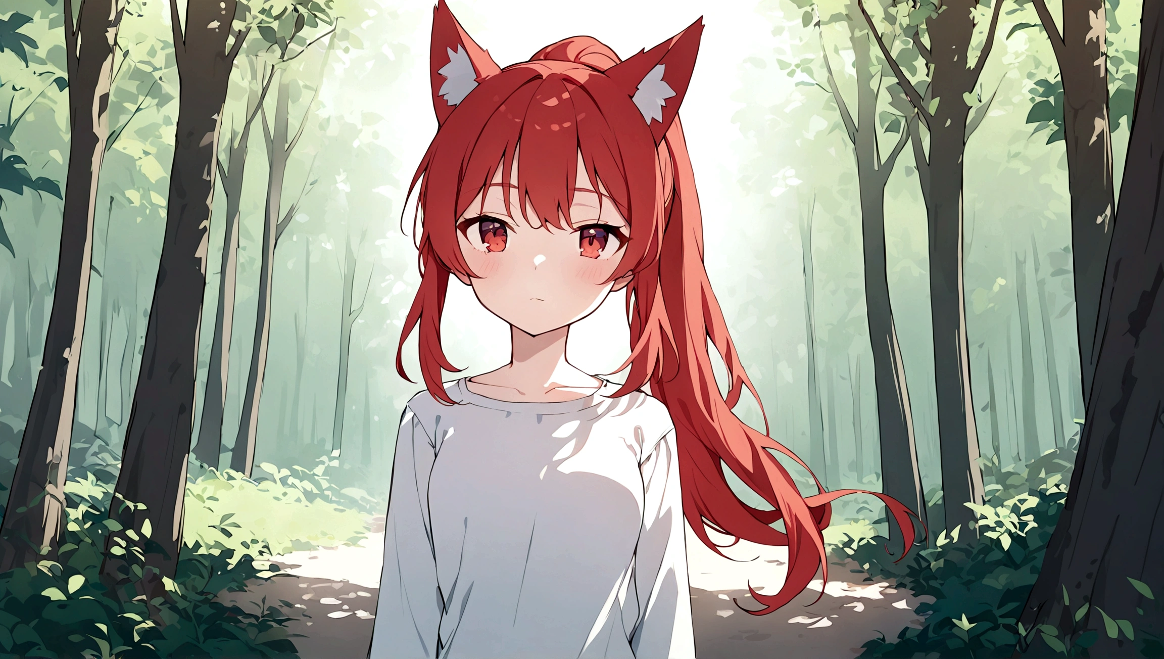1girl, solo, small breasts, white shirt, red hair, fox ears, ponytail, standing, (upper body), forest, red eyes, closed mouth, age, long hair