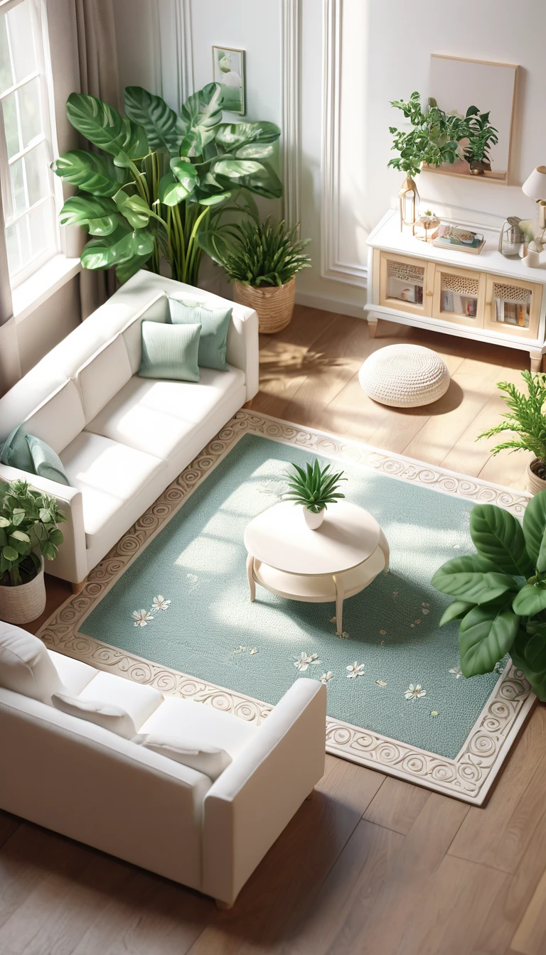 Extremely detailed dollhouse, cozy bedRoom, Cute 3d rendering, Fascinating lighting and shadows, White and mat, architecture学, furniture, indoors, architecture, living Room, Room, Area rugs, plant, Home Decoration, sofa, Chair, Interior design