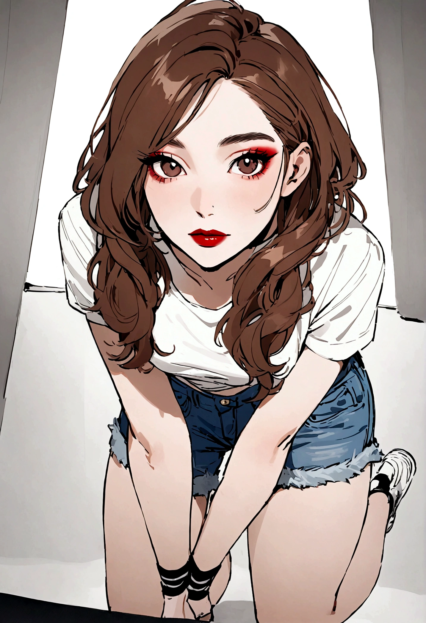 A stunning woman with fair skin and long, straight brown hair, she is from the front, doing a photoshoot, dressed in denim shorts and a top and white sneakers, she wears makeup and red lipstick.