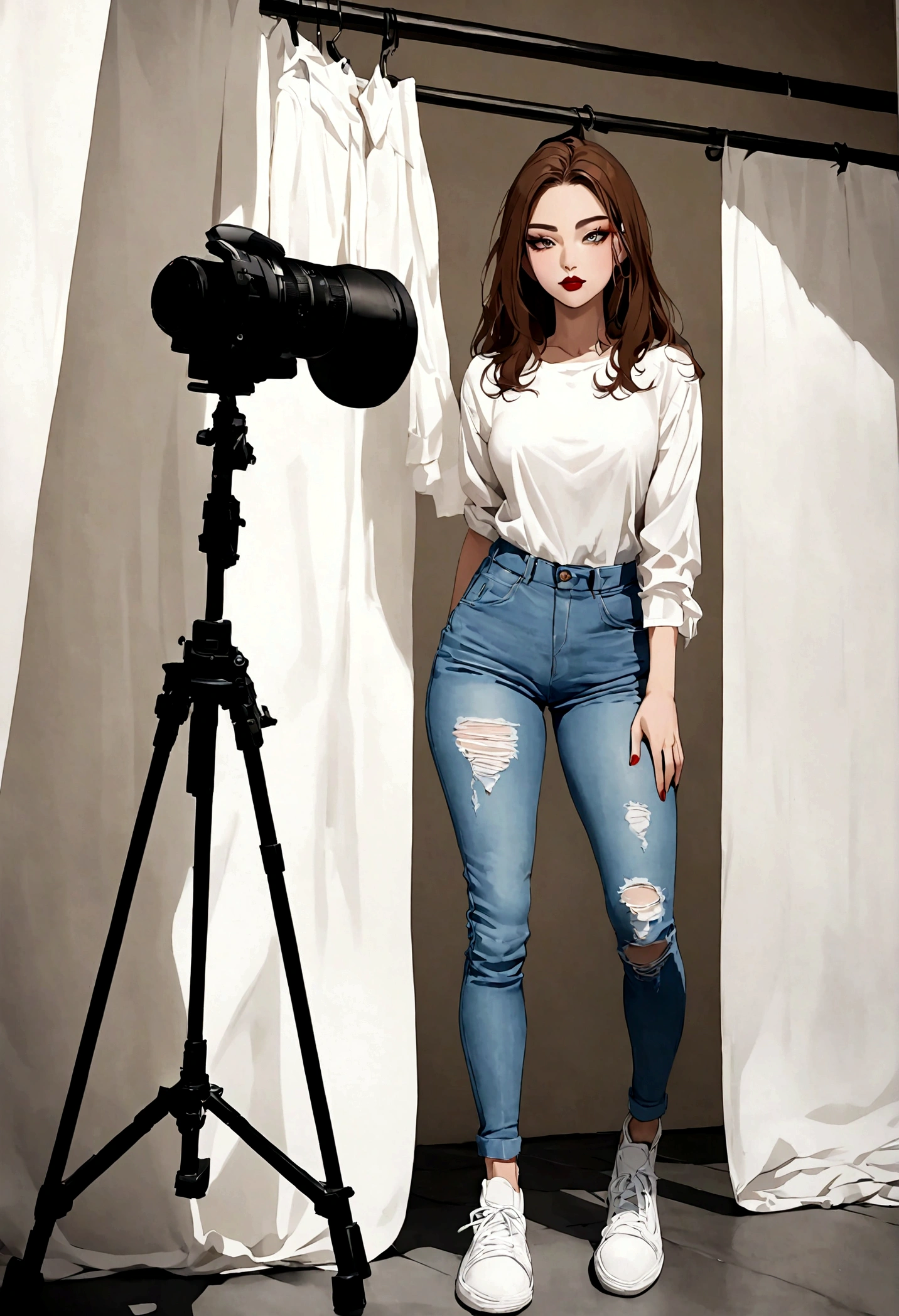 A stunning woman with fair skin and long, straight brown hair, she is from the front, doing a photoshoot, dressed in denim shorts and a top and white sneakers, she wears makeup and red lipstick.