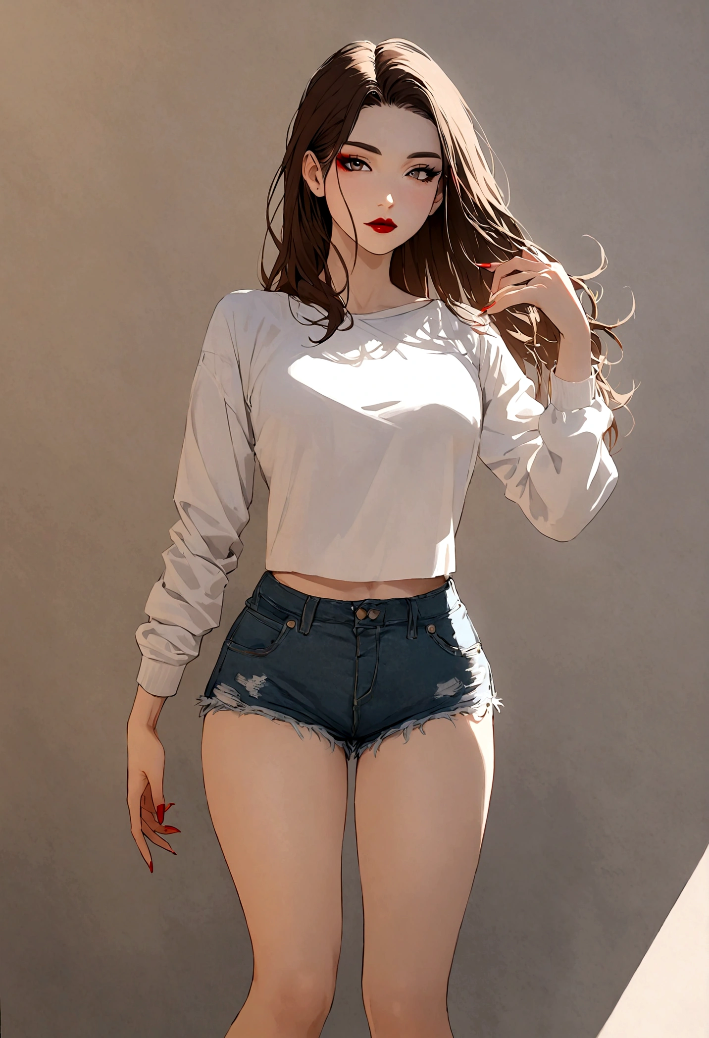 A stunning woman with fair skin and long, straight brown hair, she is from the front, doing a photoshoot, dressed in denim shorts and a top and white sneakers, she wears makeup and red lipstick.