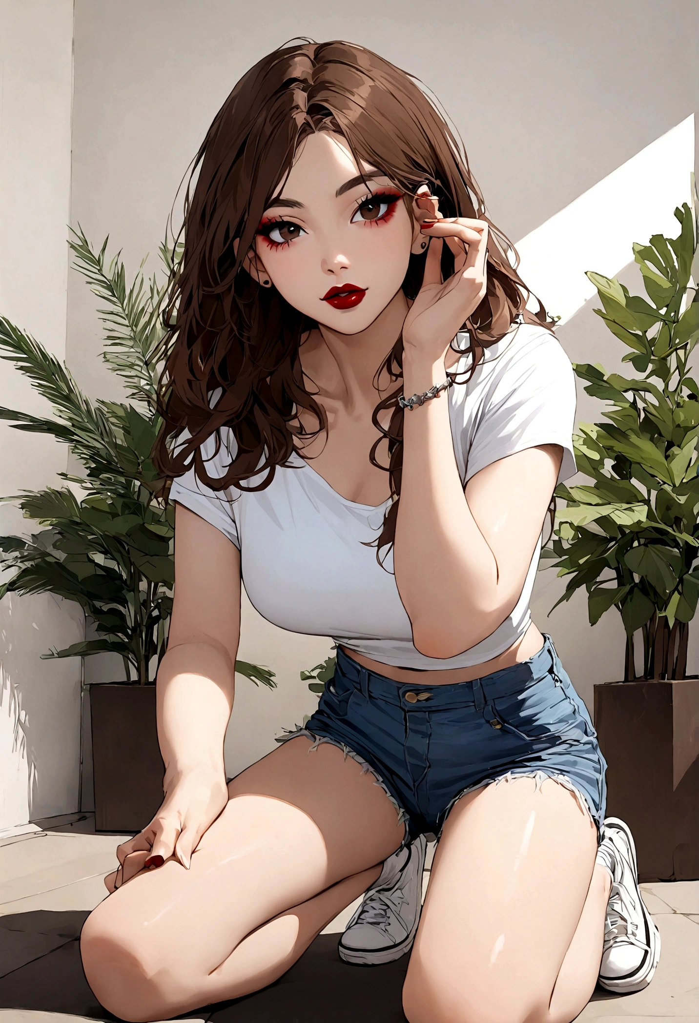 A stunning woman with fair skin and long, straight brown hair, she is from the front, doing a photoshoot, dressed in denim shorts and a top and white sneakers, she wears makeup and red lipstick.