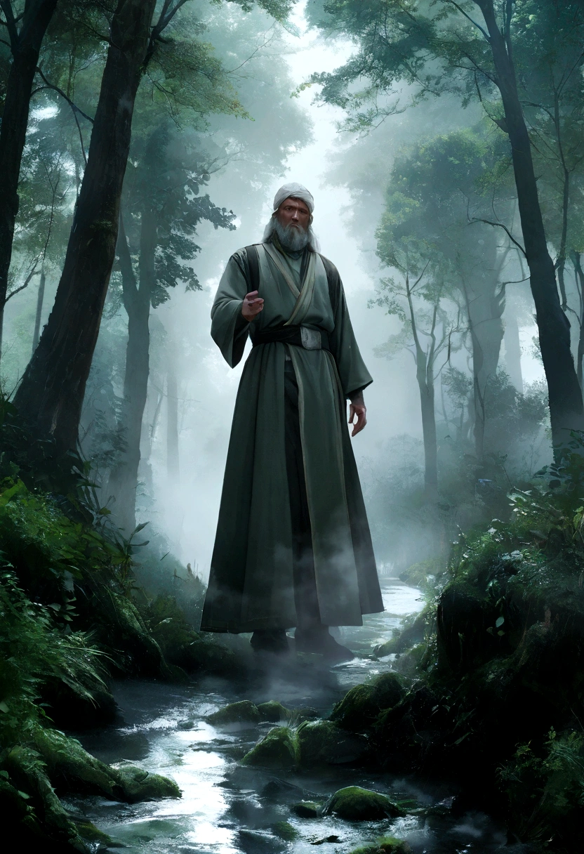 The apostle Paul looked at the screen.,maestro jedi ropa, Ultra foto realsisim、 sable de luz verde 、forest, dense fog,